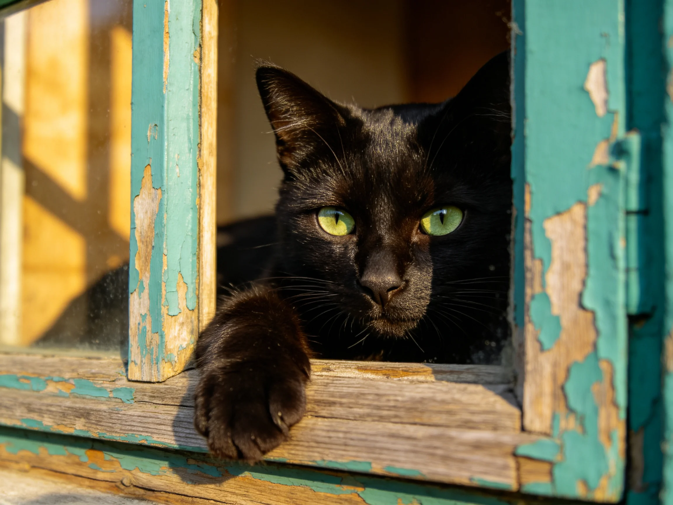 Black cat with green eyes peers from a weathered teal window
