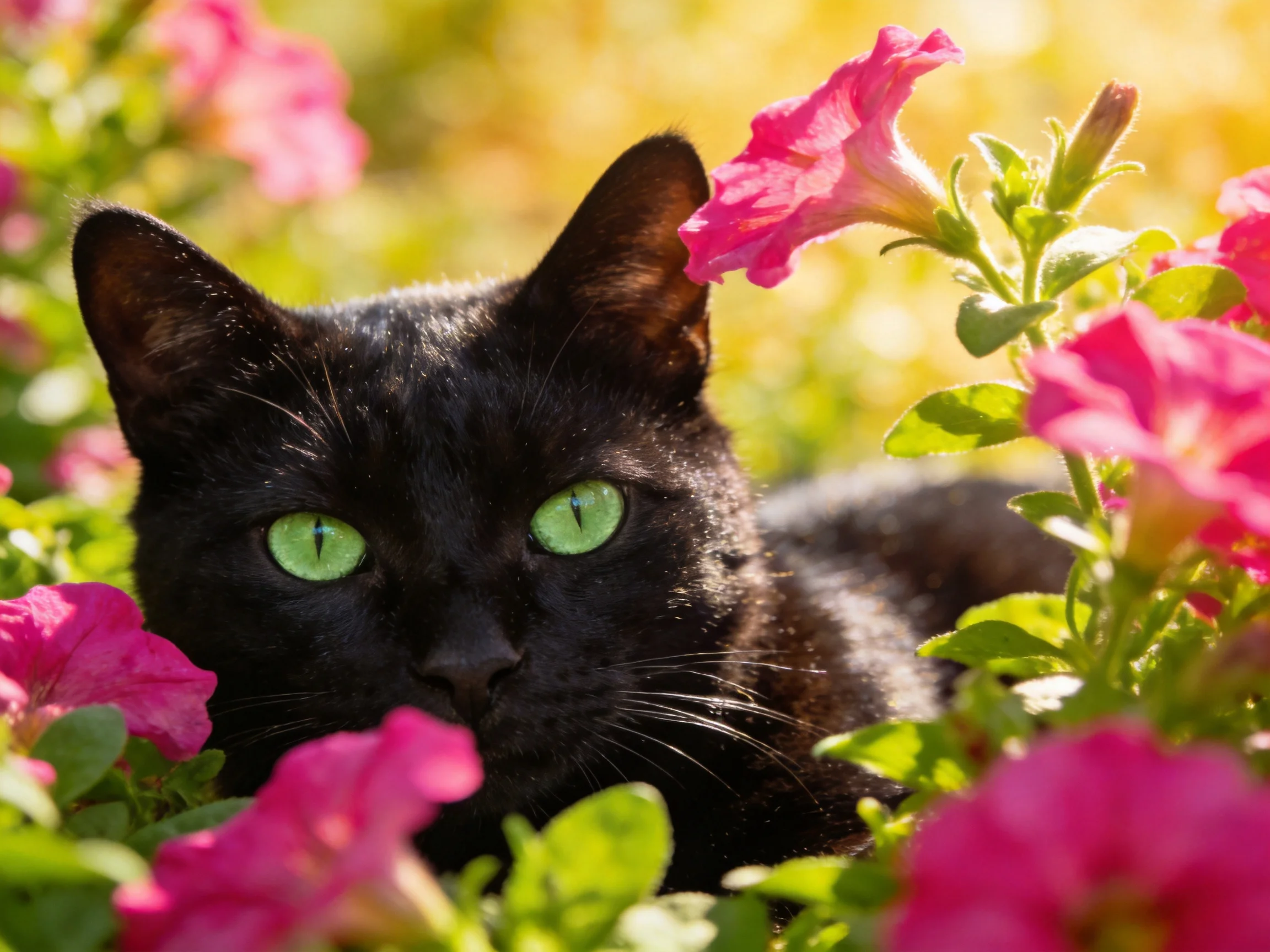 A black cat with green eyes lies among pink flowers in a sunlit area.