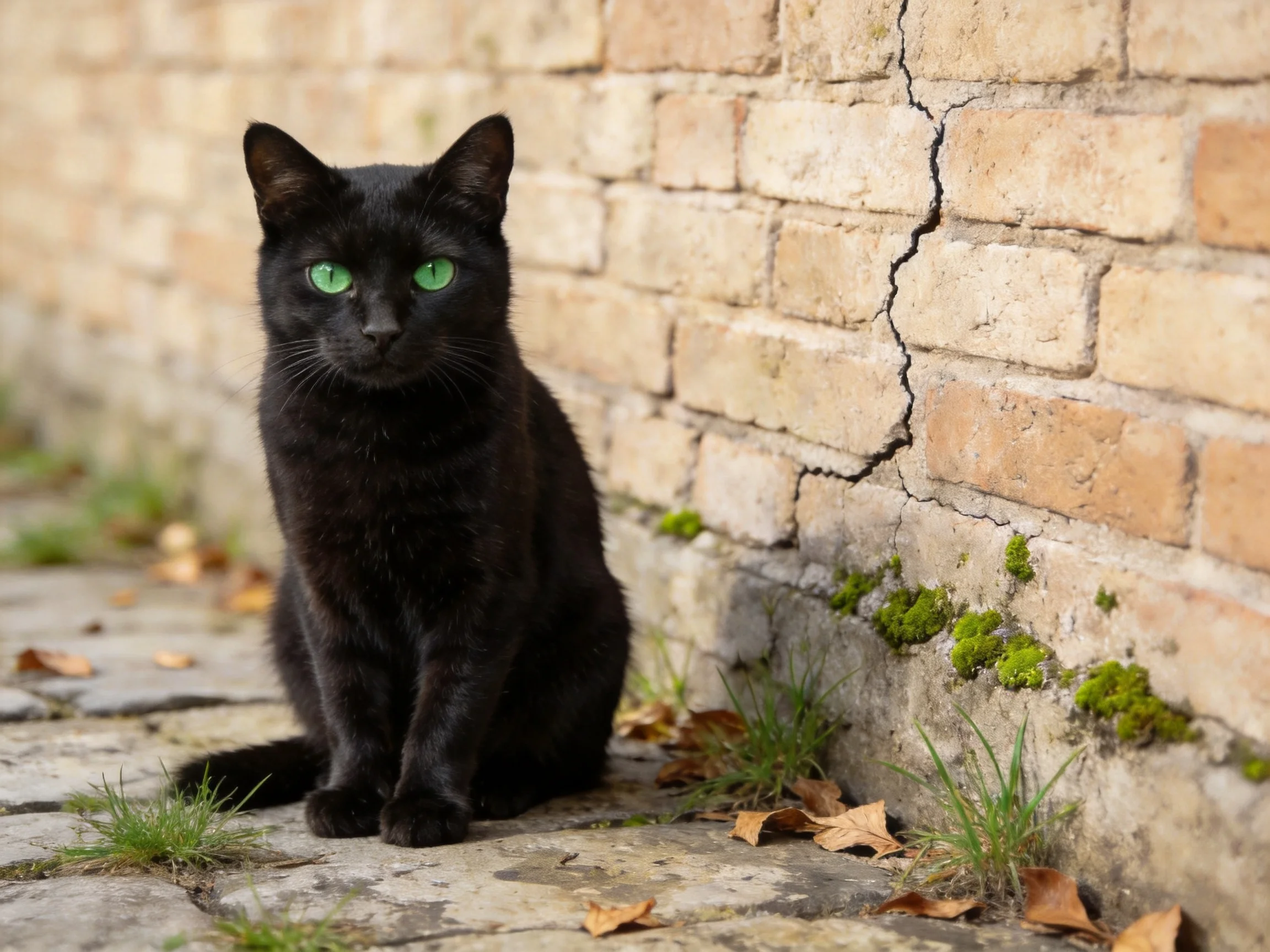 A black cat with green eyes sits near an old brick wall.