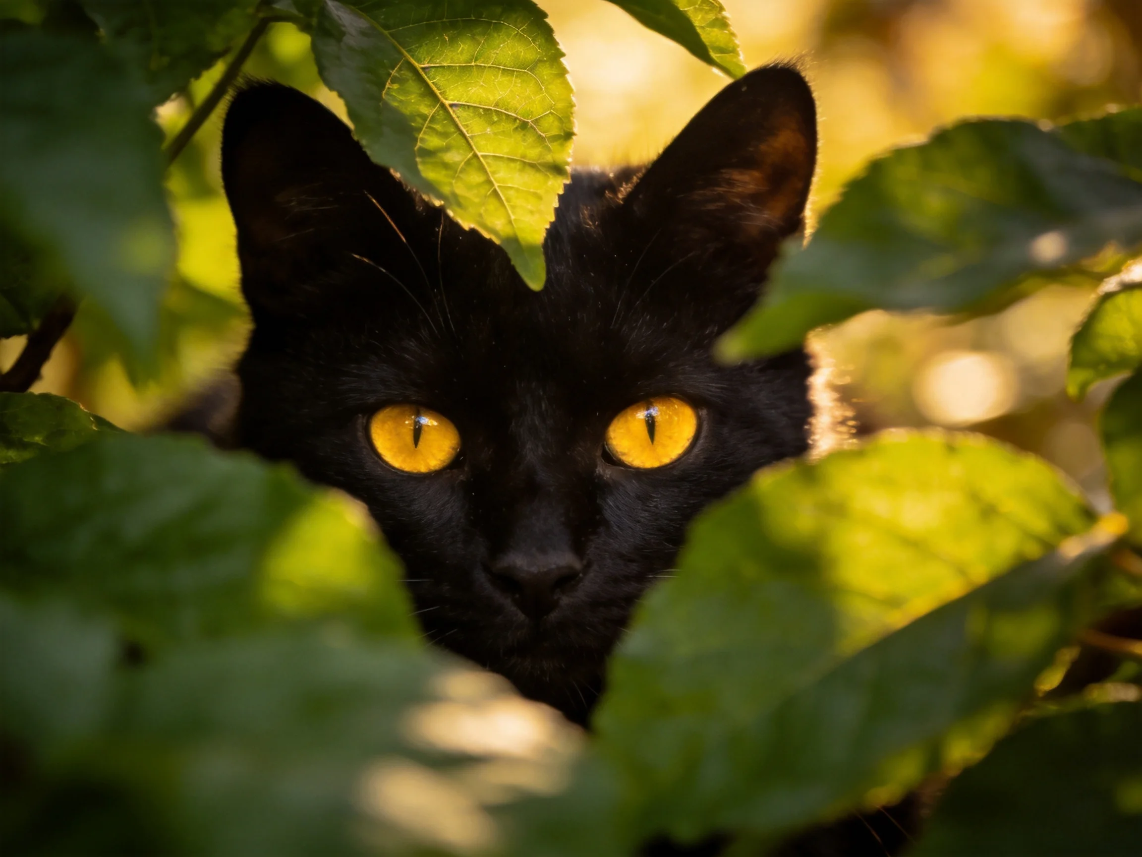 A black cat peeks from behind green leaves with striking yellow eyes.