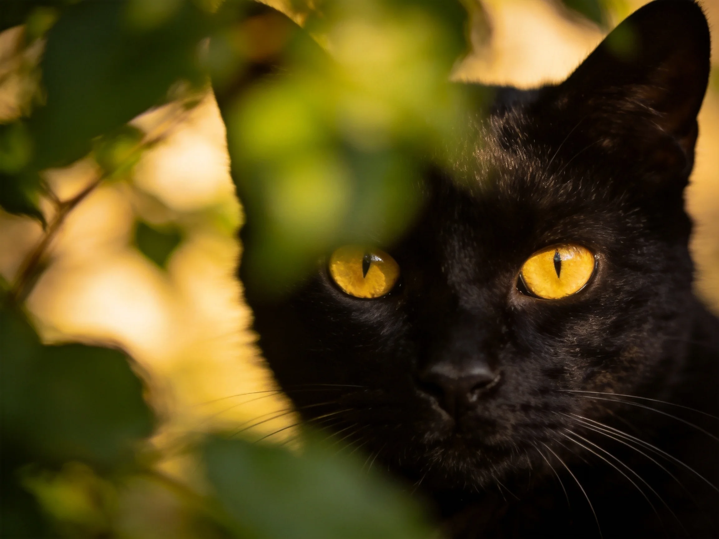 A black cat with bright yellow eyes is partially hidden by greenery.