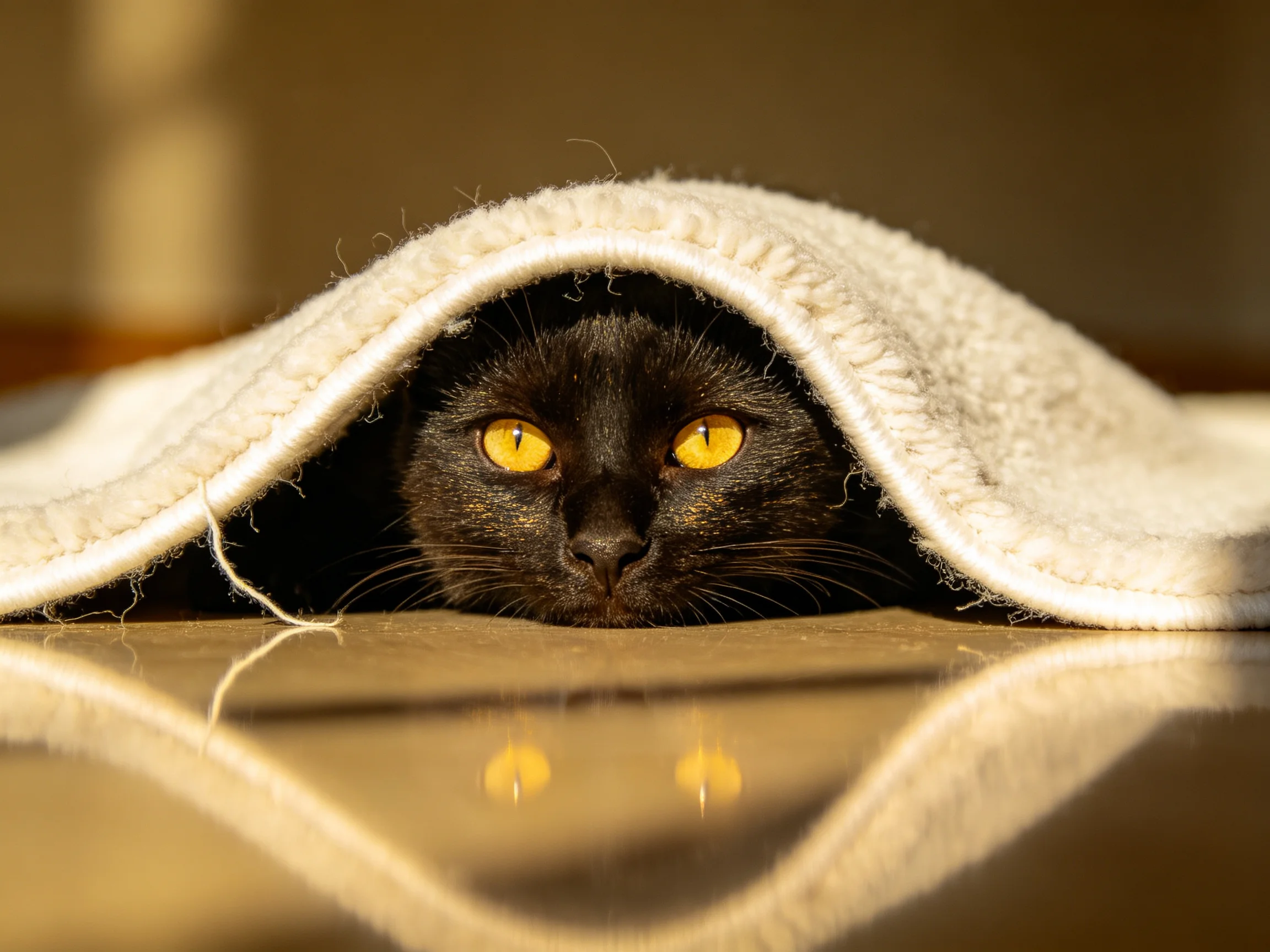 A black cat peeks out from under a knitted cloth with bright yellow eyes.