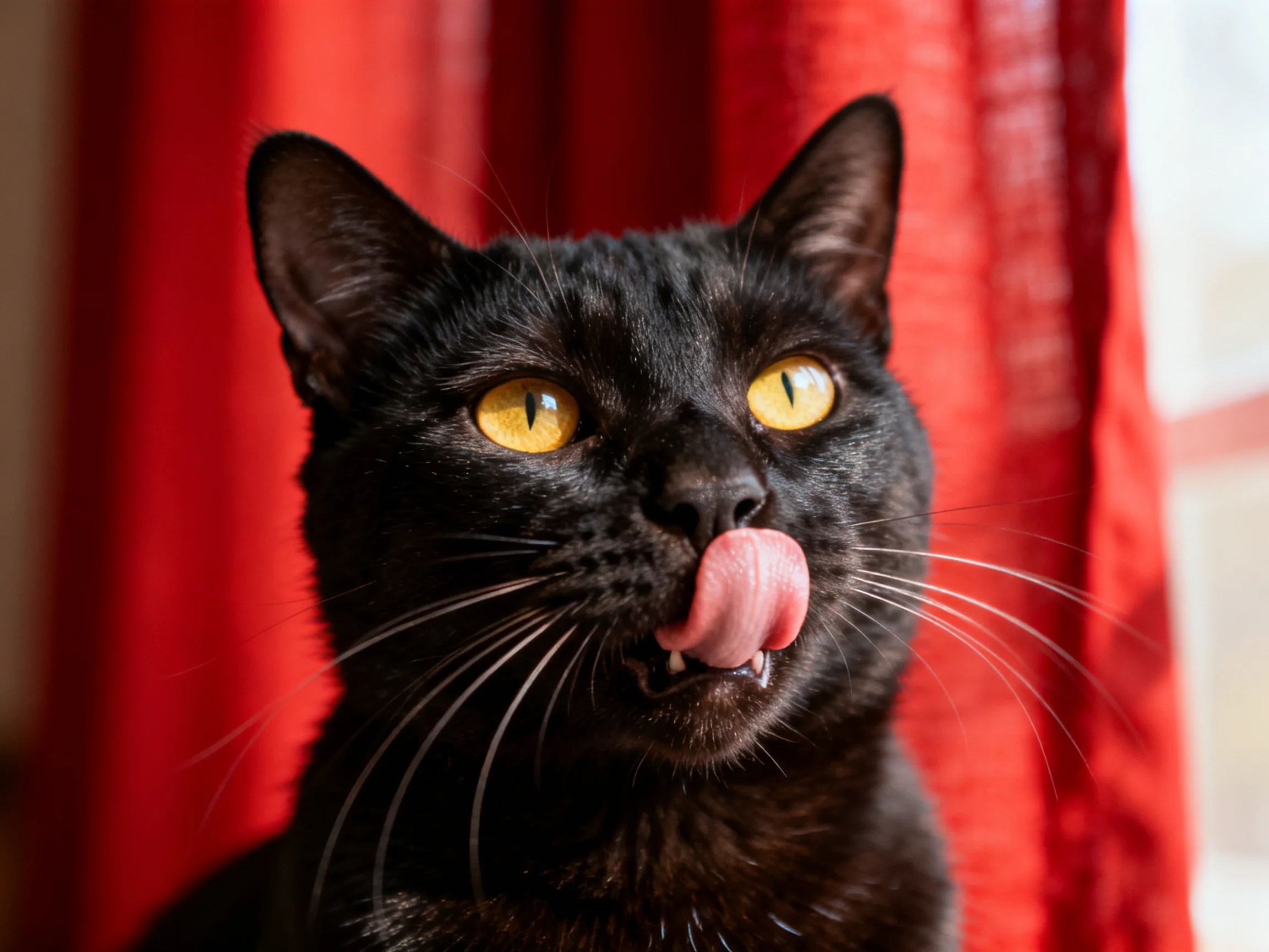A black cat with yellow eyes licks near red curtains.