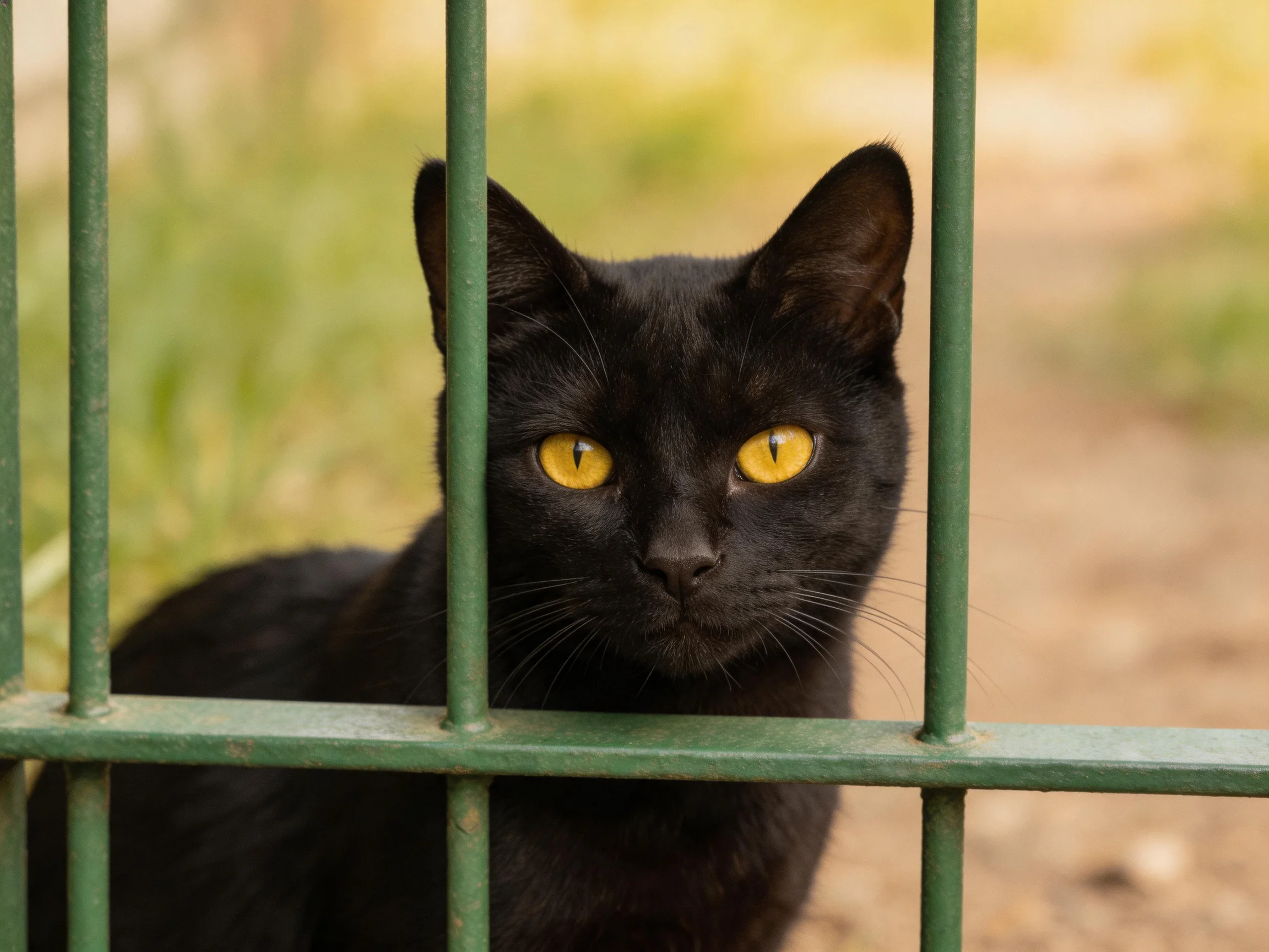 A black cat with yellow eyes looks through green metal bars