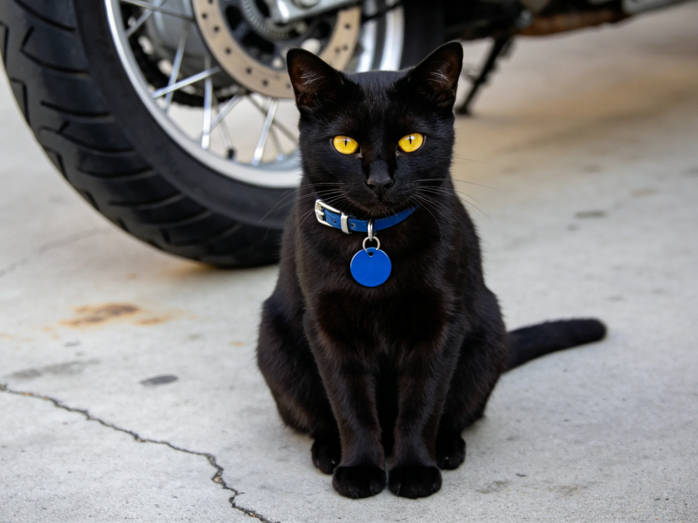 A black cat with yellow eyes sits beside a motorcycle tire.