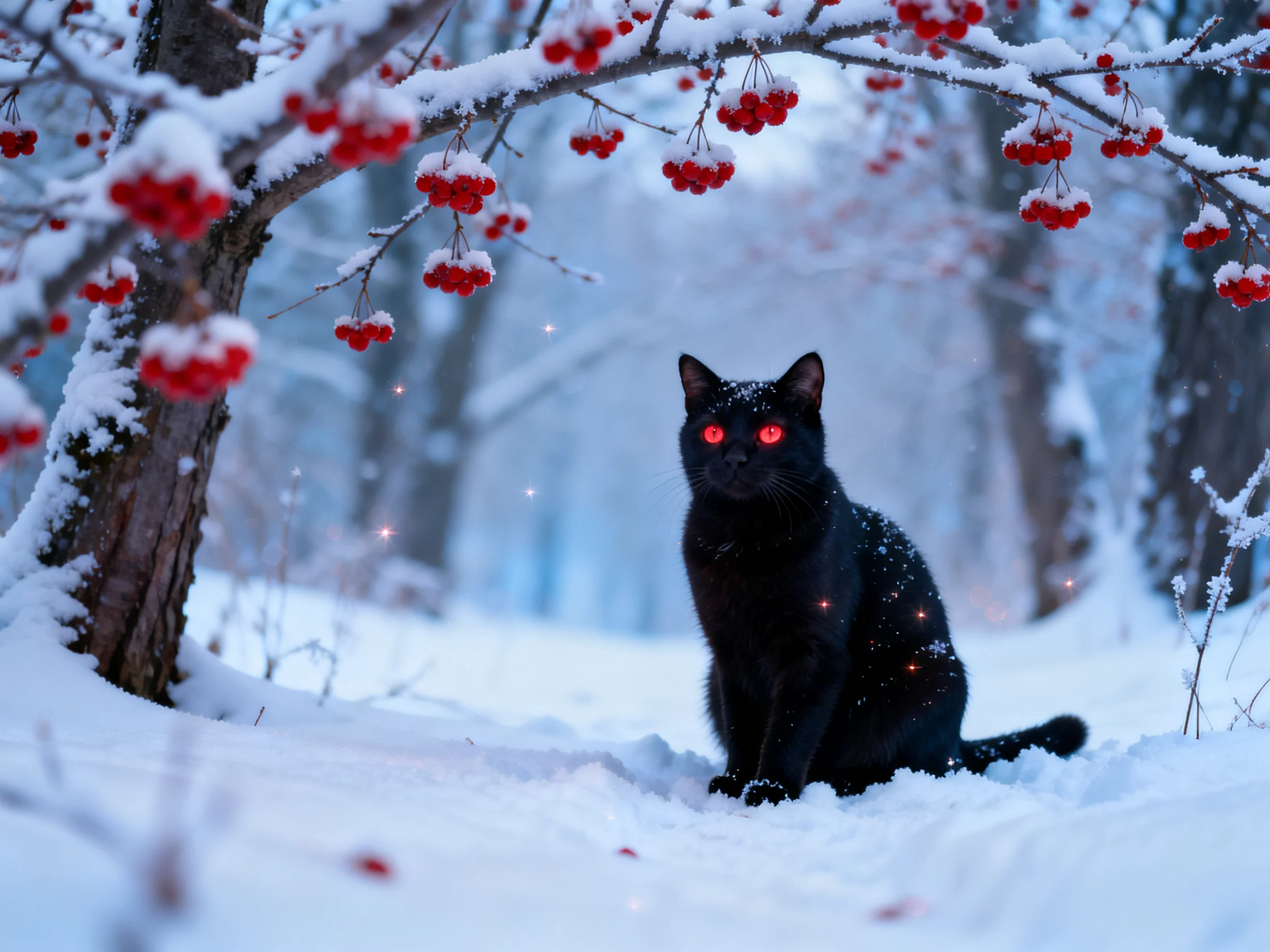 A black cat with glowing eyes rests in a snowy forest near snow-laden trees with red berries