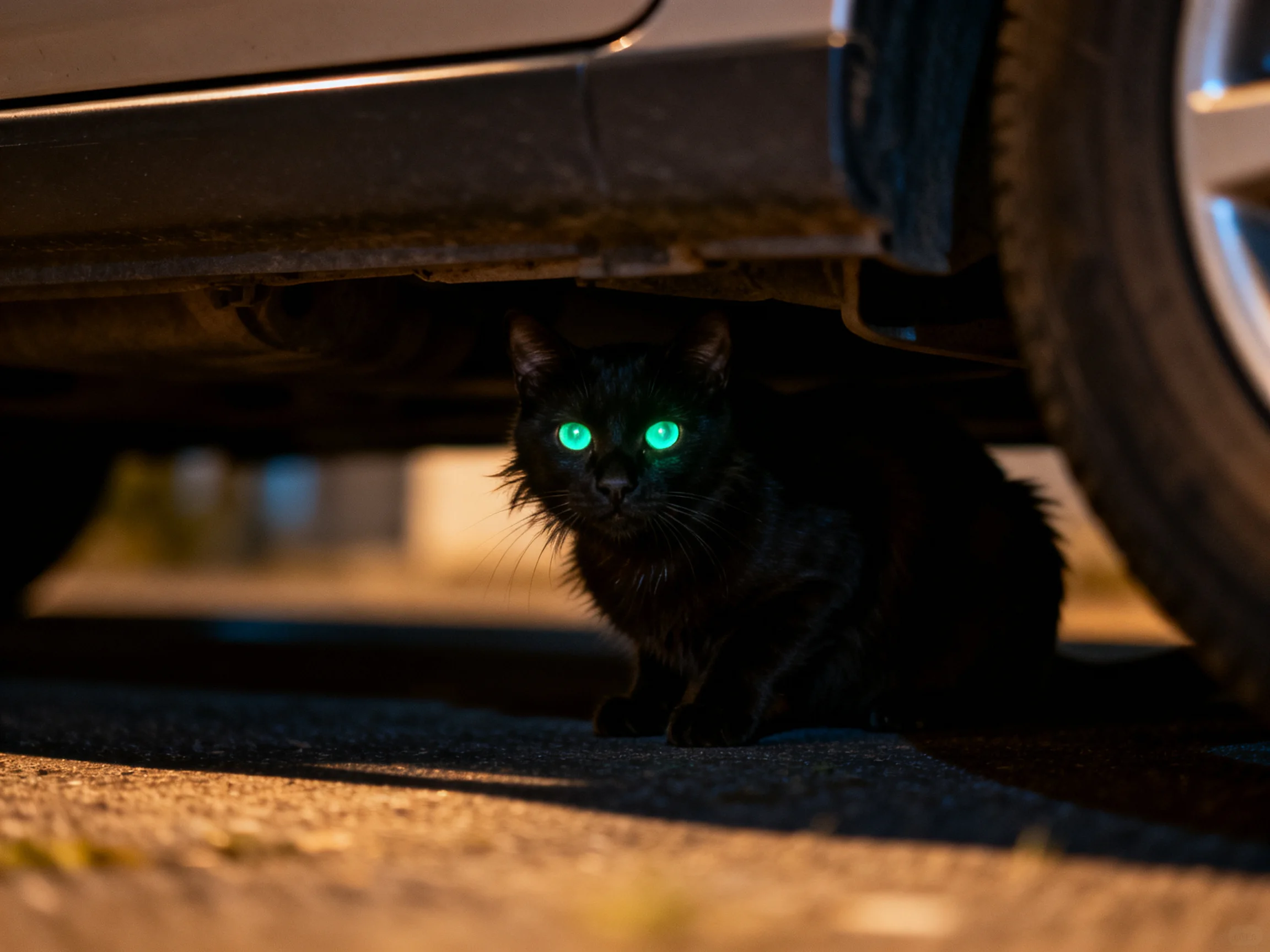 A black cat with glowing green eyes hides under a large vehicle