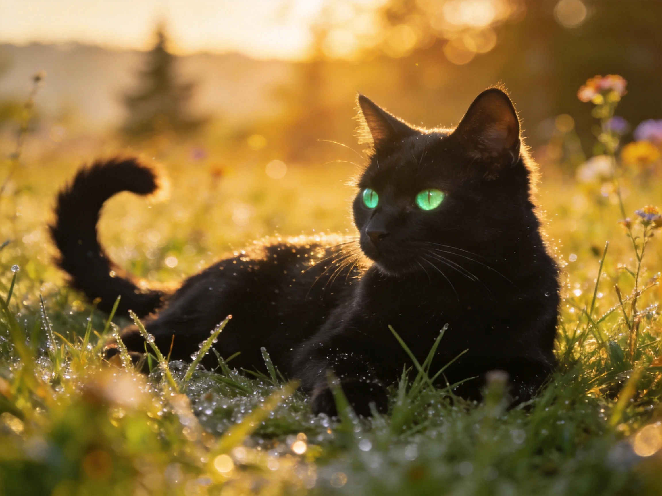 A black cat with glowing green eyes rests in dewy golden grass
