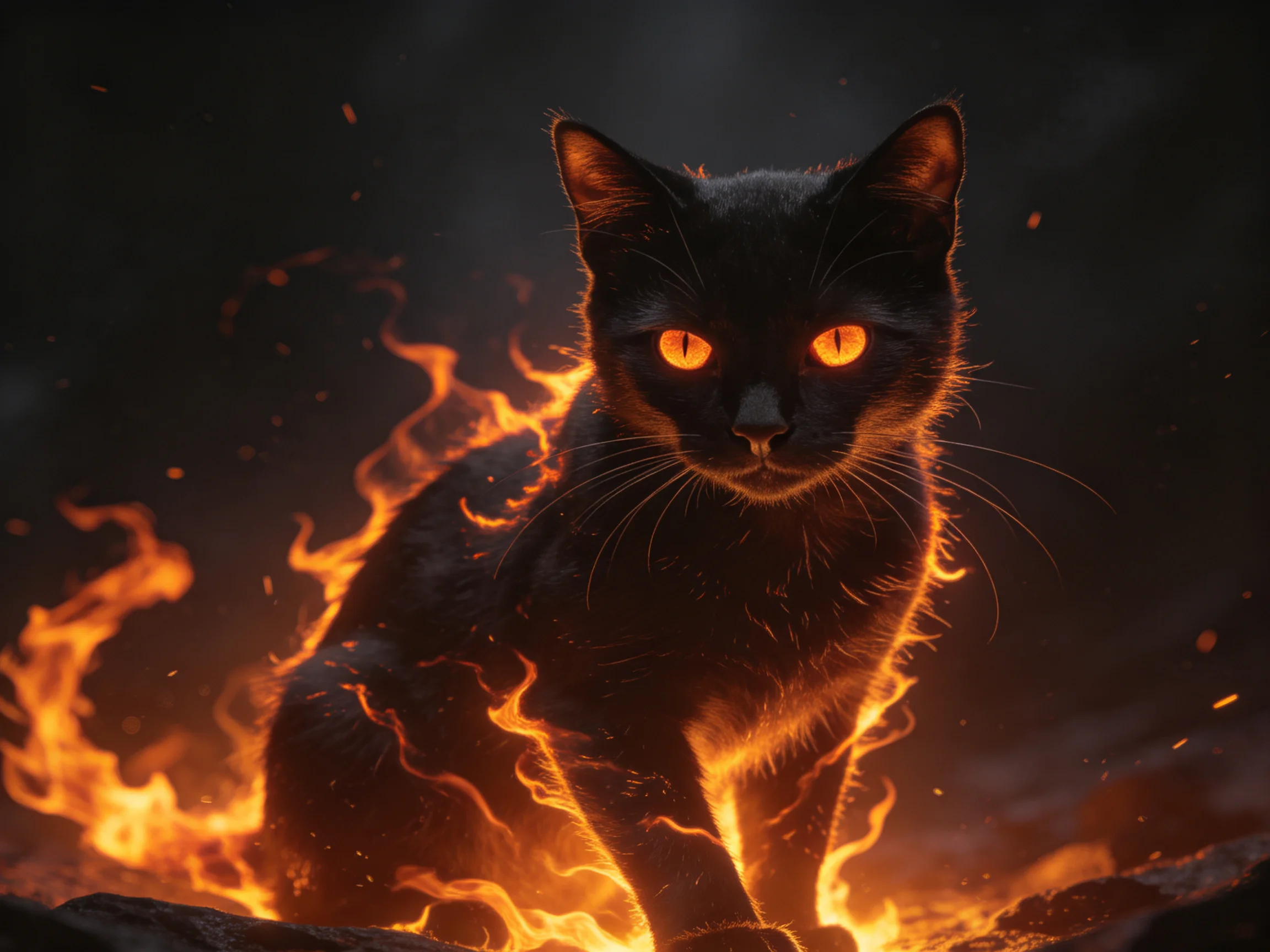 A black cat with glowing orange eyes surrounded by dynamic flames