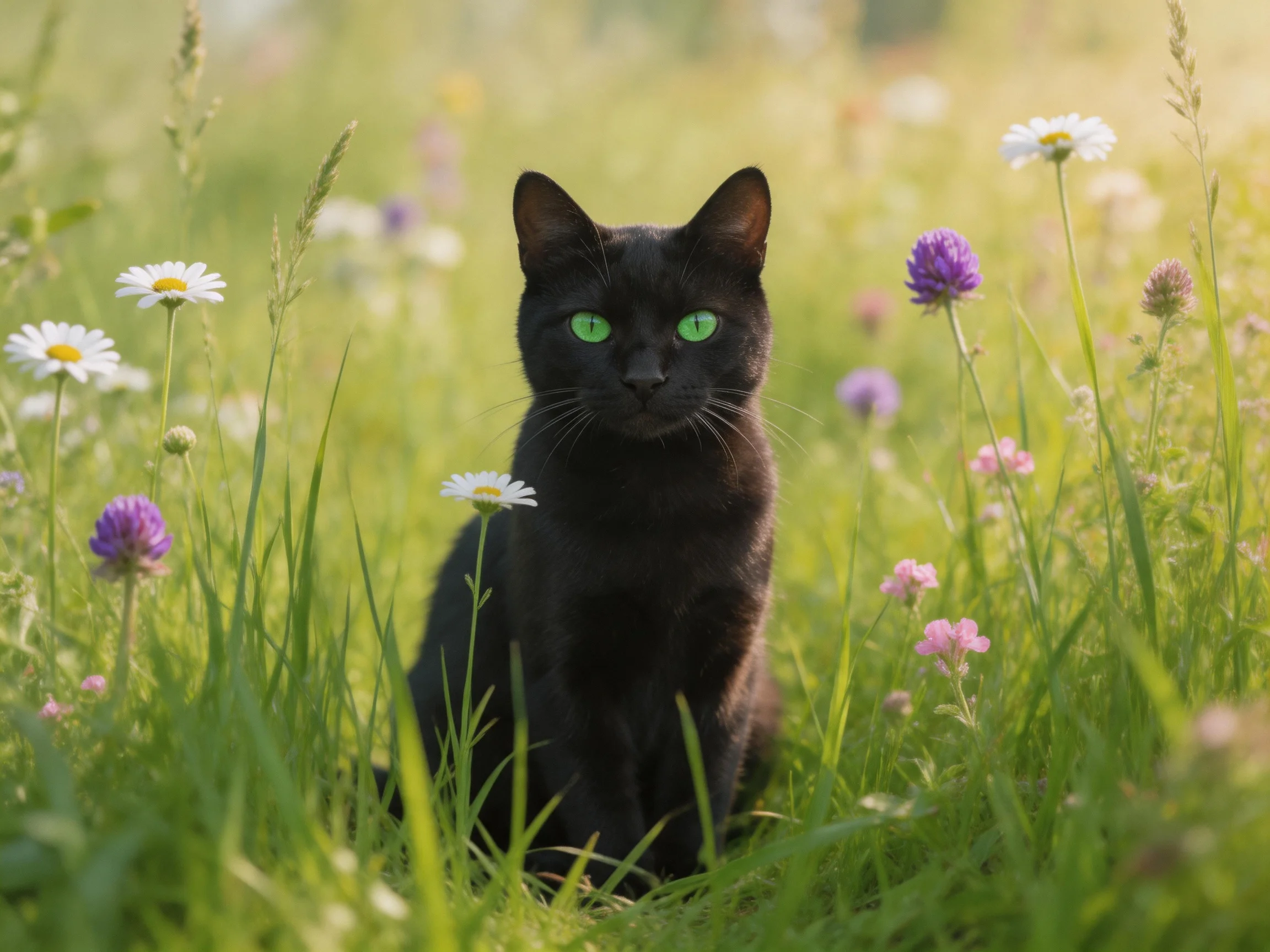 A black cat with green eyes among colorful wildflowers and tall grass