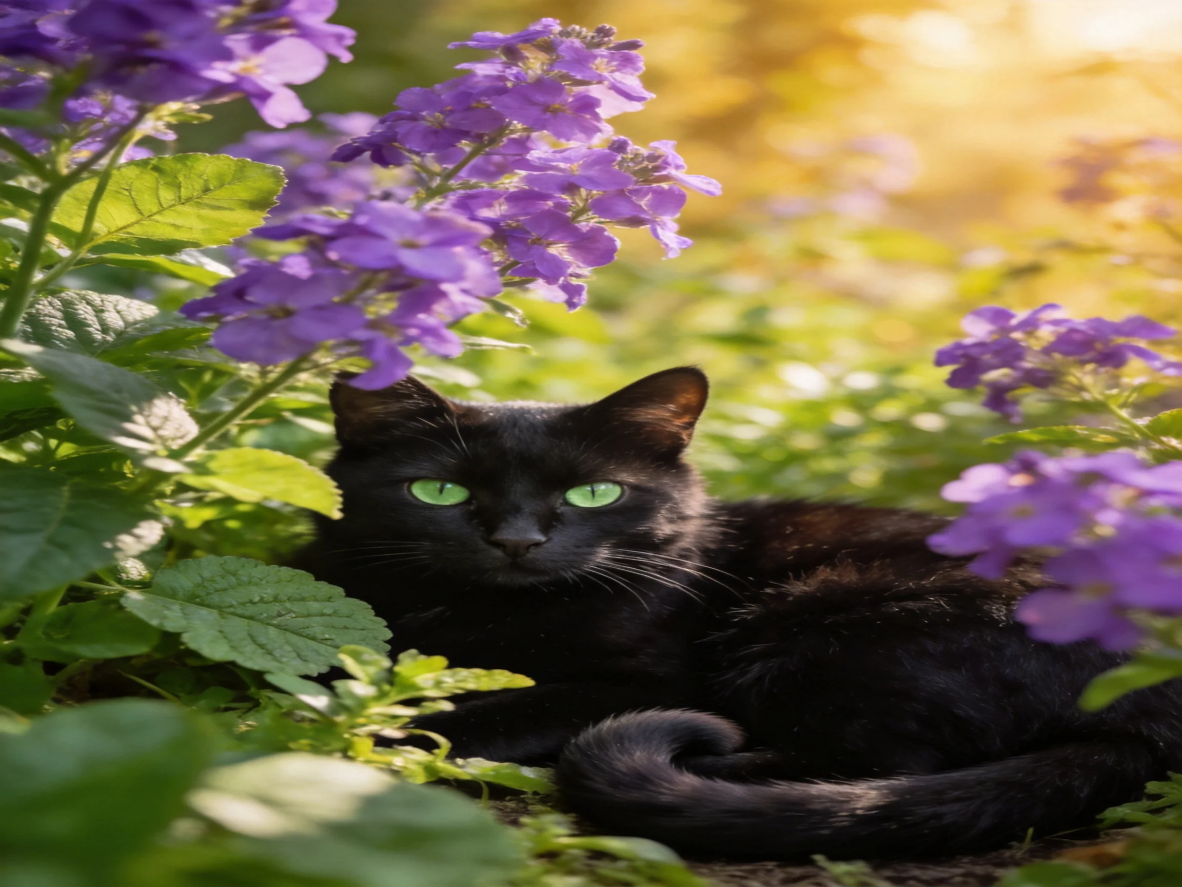 A black cat with green eyes lies among purple flowers in a sunlit garden.