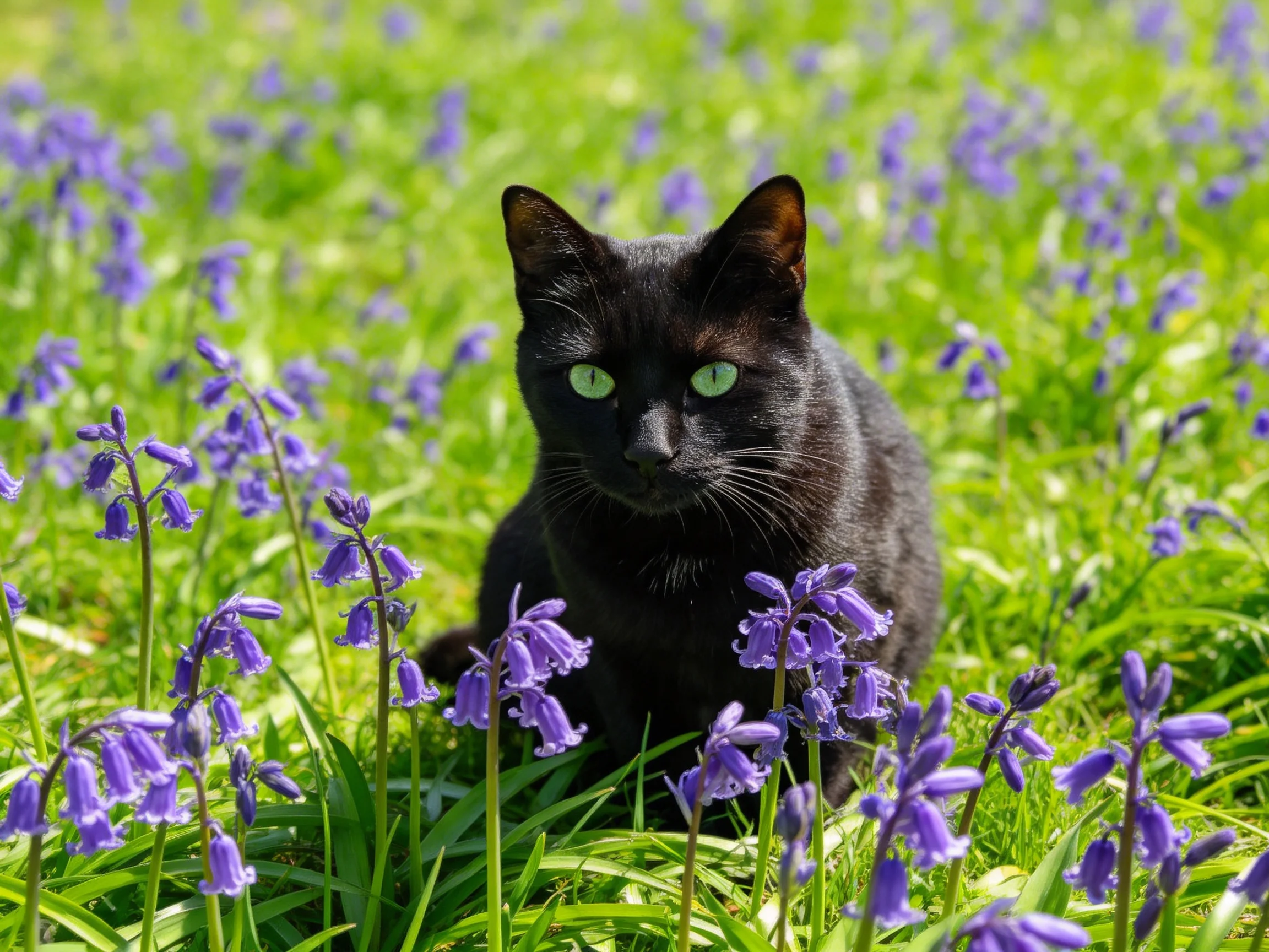 A black cat with green eyes rests among purple flowers and greenery.