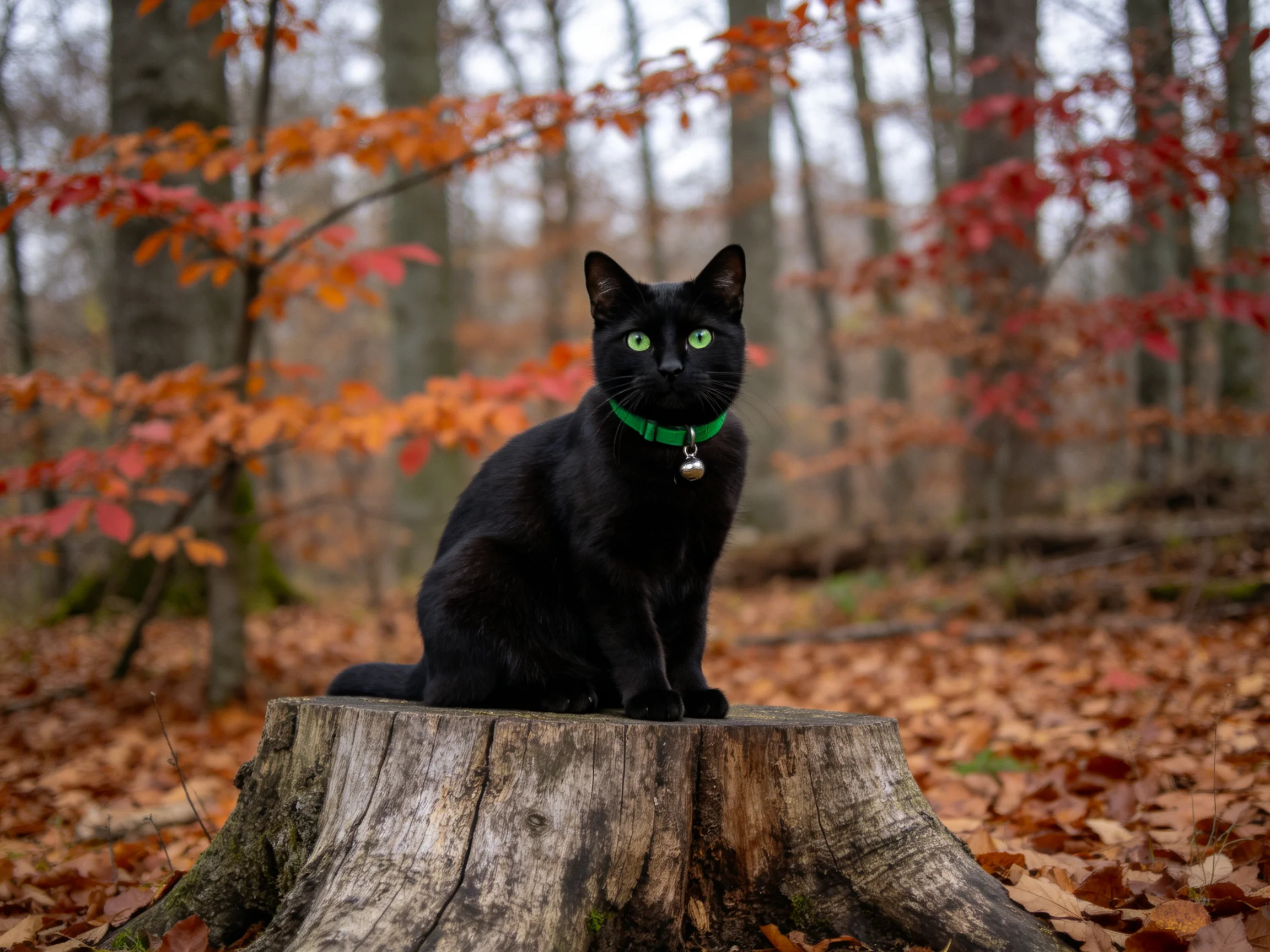 A black cat with a green collar sits on a tree stump in an autumn forest.