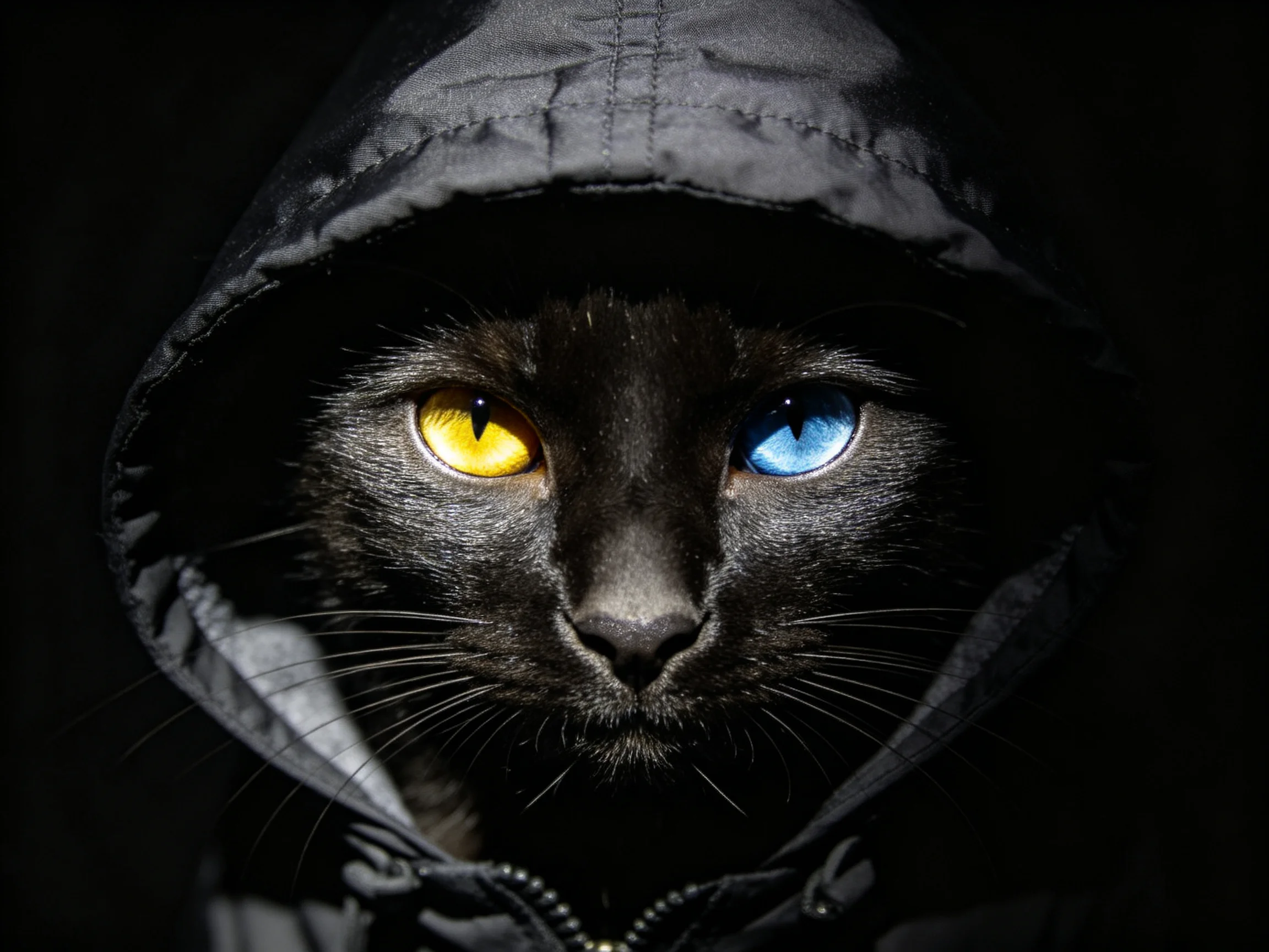 A black cat with differently colored eyes rests beneath a dark hood.
