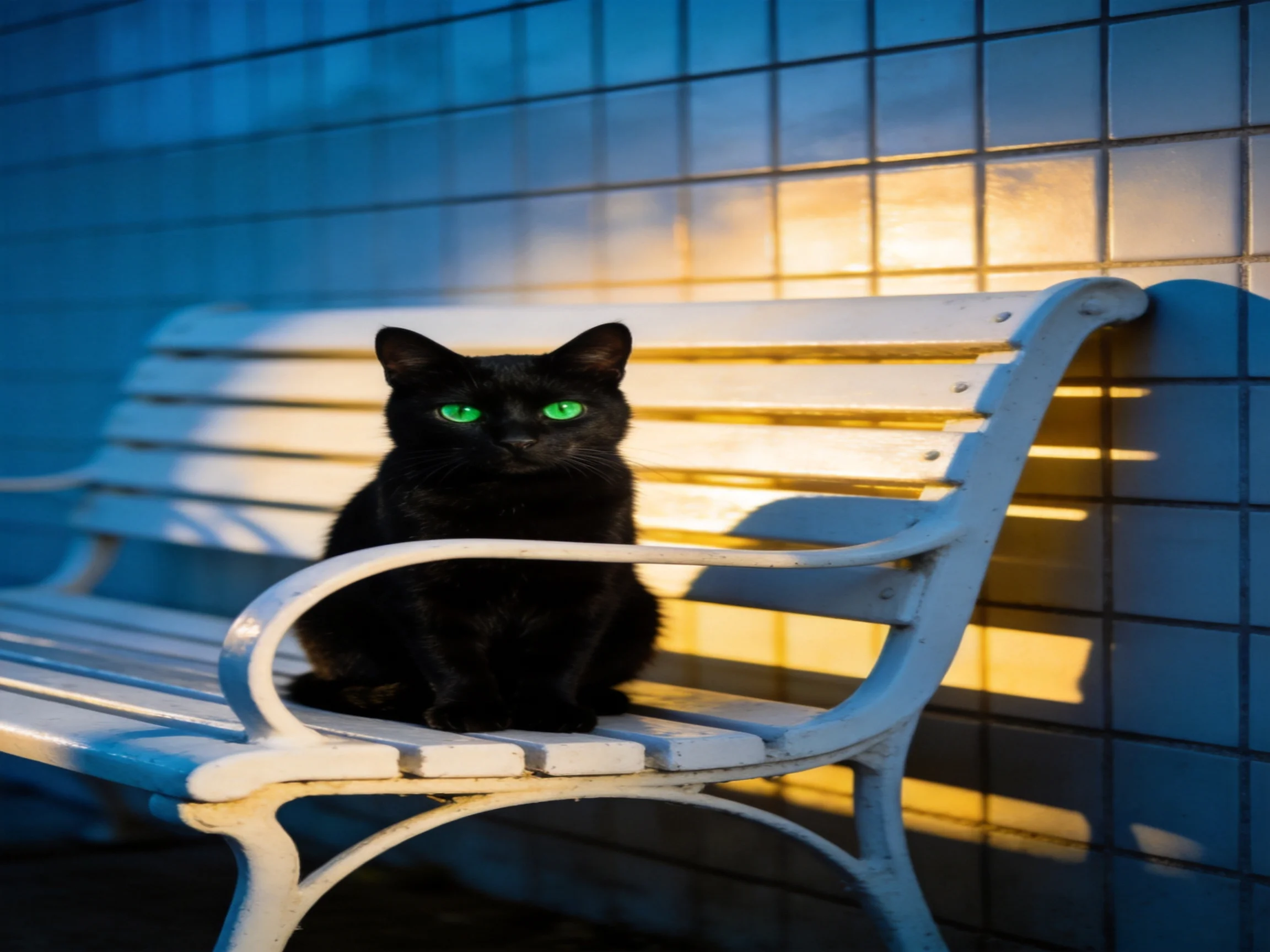 A black cat with green eyes sits on a white bench by a tiled wall