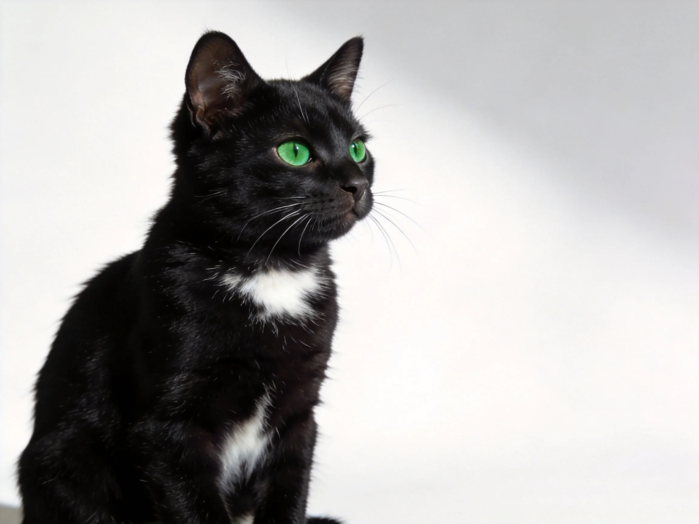 A black cat with white markings and bright green eyes