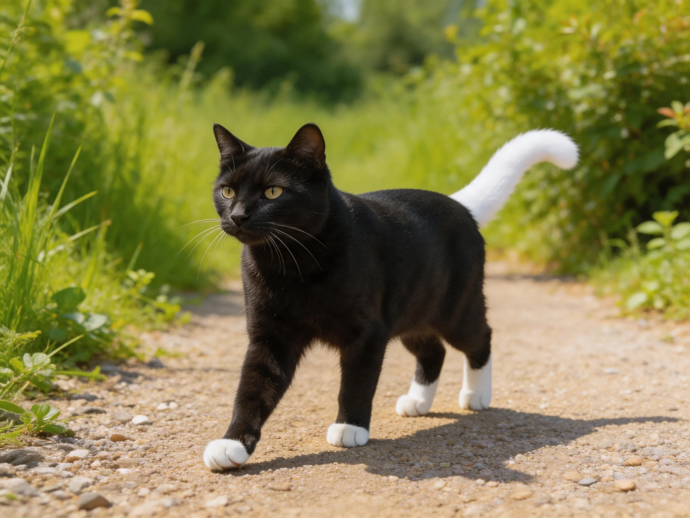 A black cat with white tail and paws walking along a gravel path