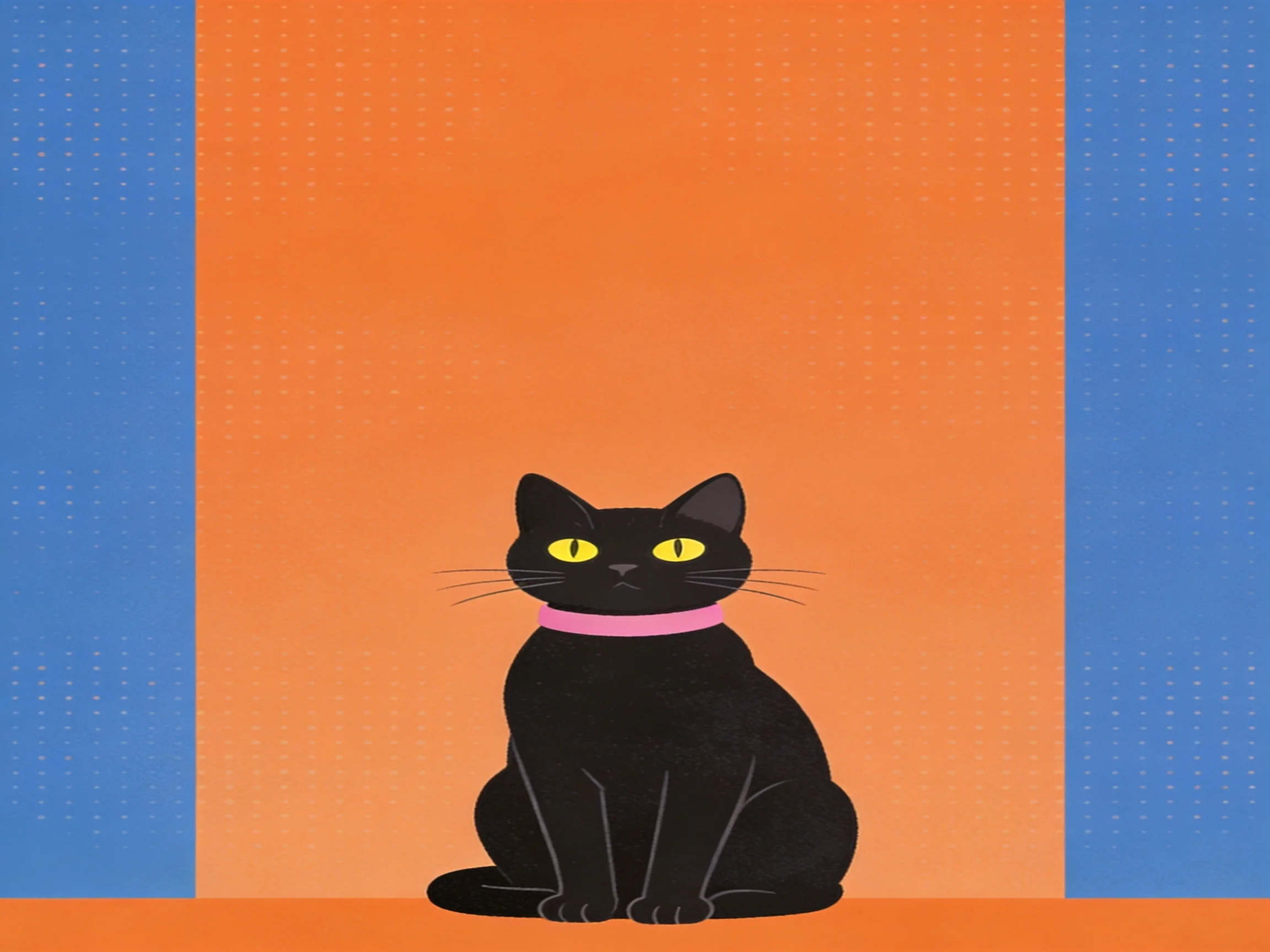A black cat with yellow eyes and a pink collar sits amid orange and blue dotted panels.