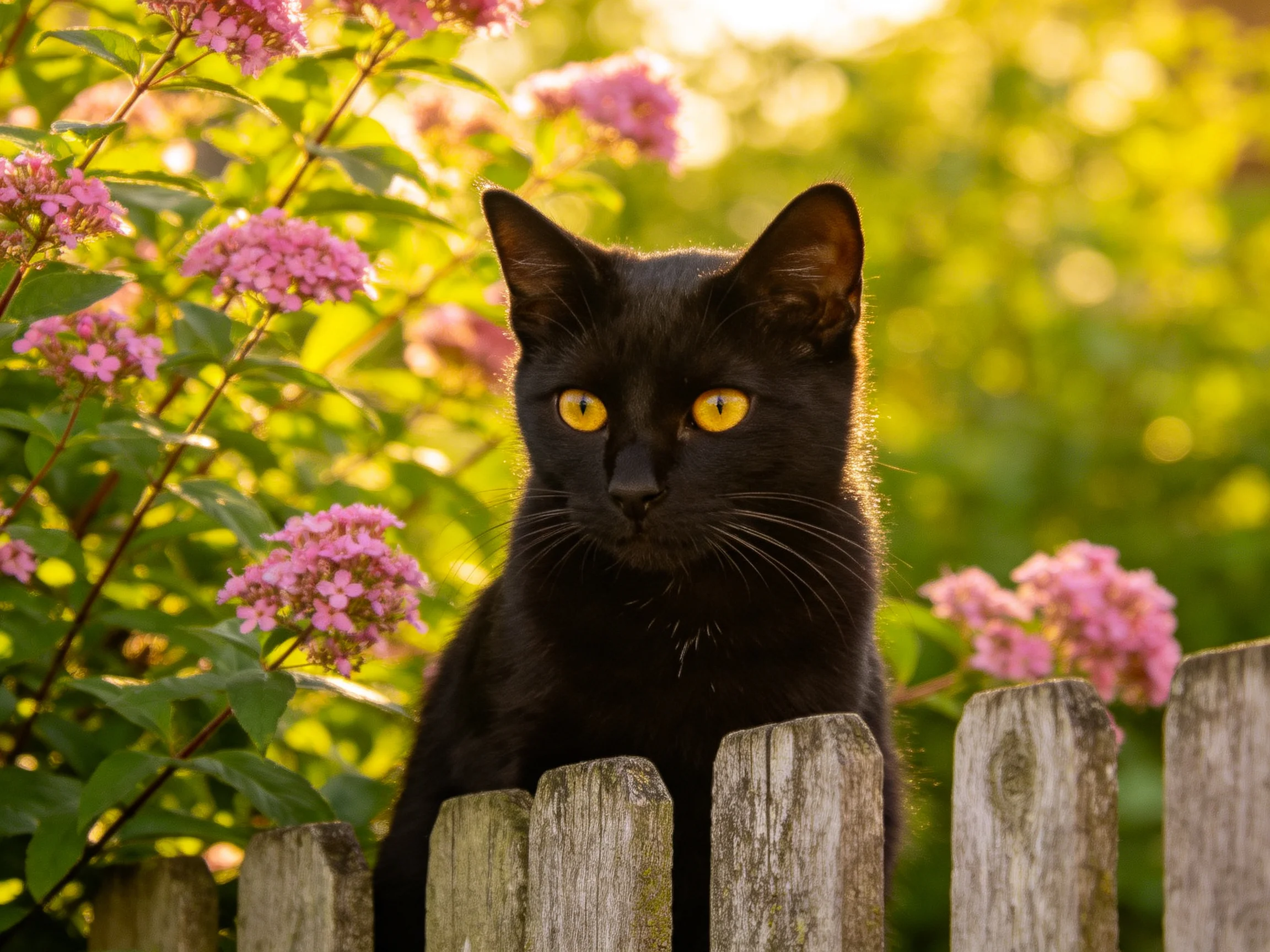 A black cat with yellow eyes sits behind a wooden fence near pink flowers.