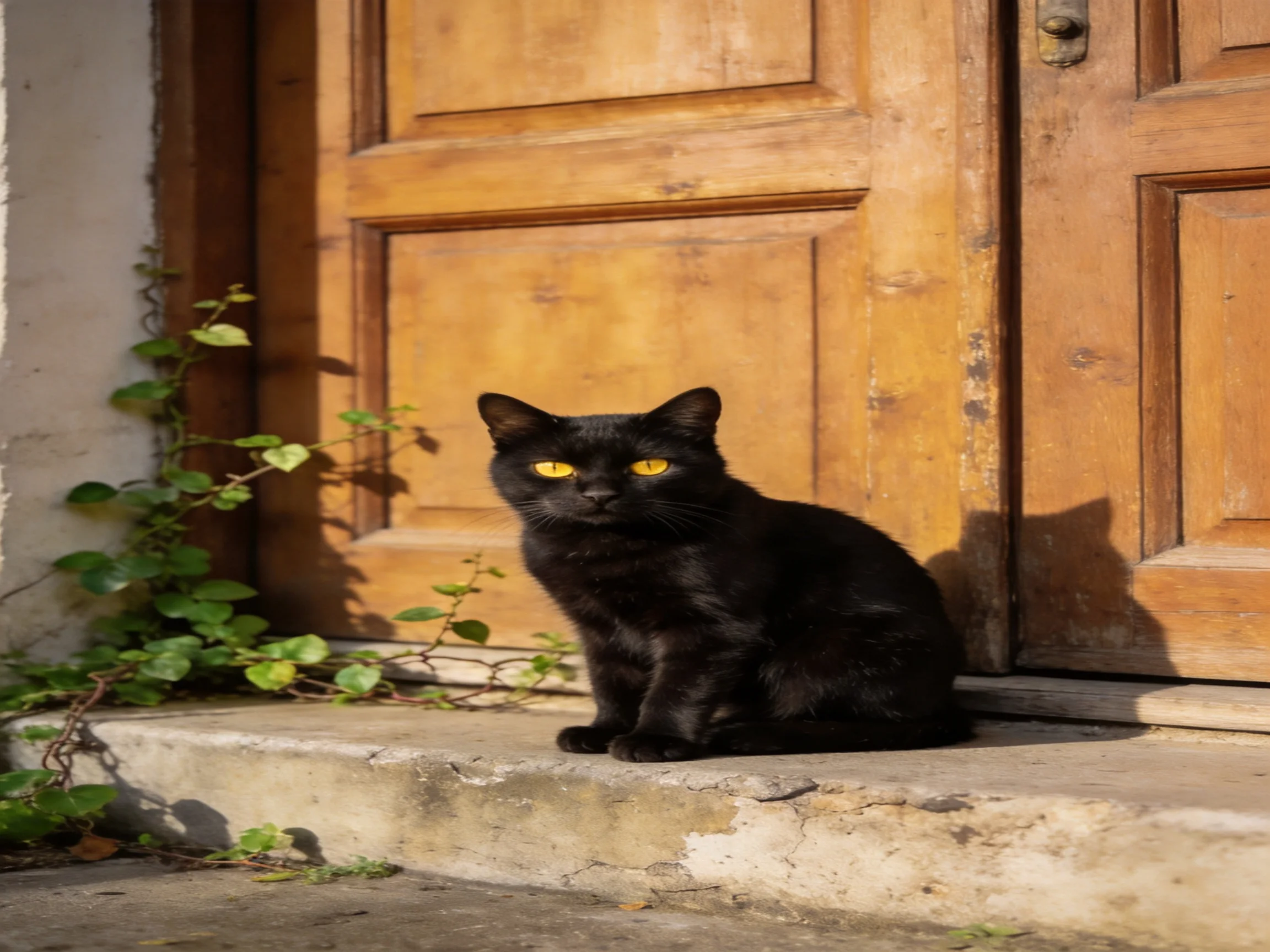 A black cat with yellow eyes sits near aged wooden doors beside climbing vines