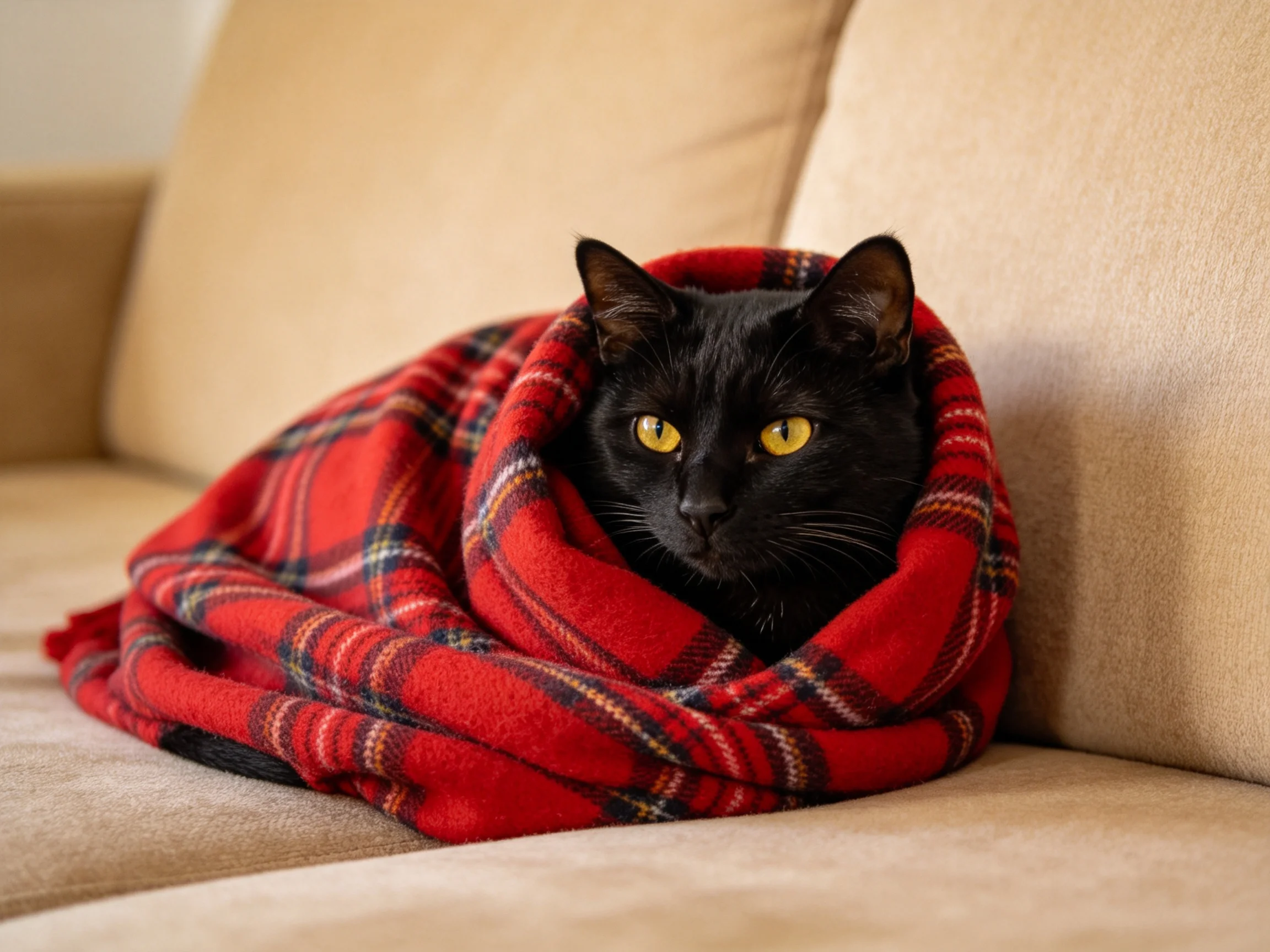 A black cat wrapped in a red plaid blanket on a beige couch