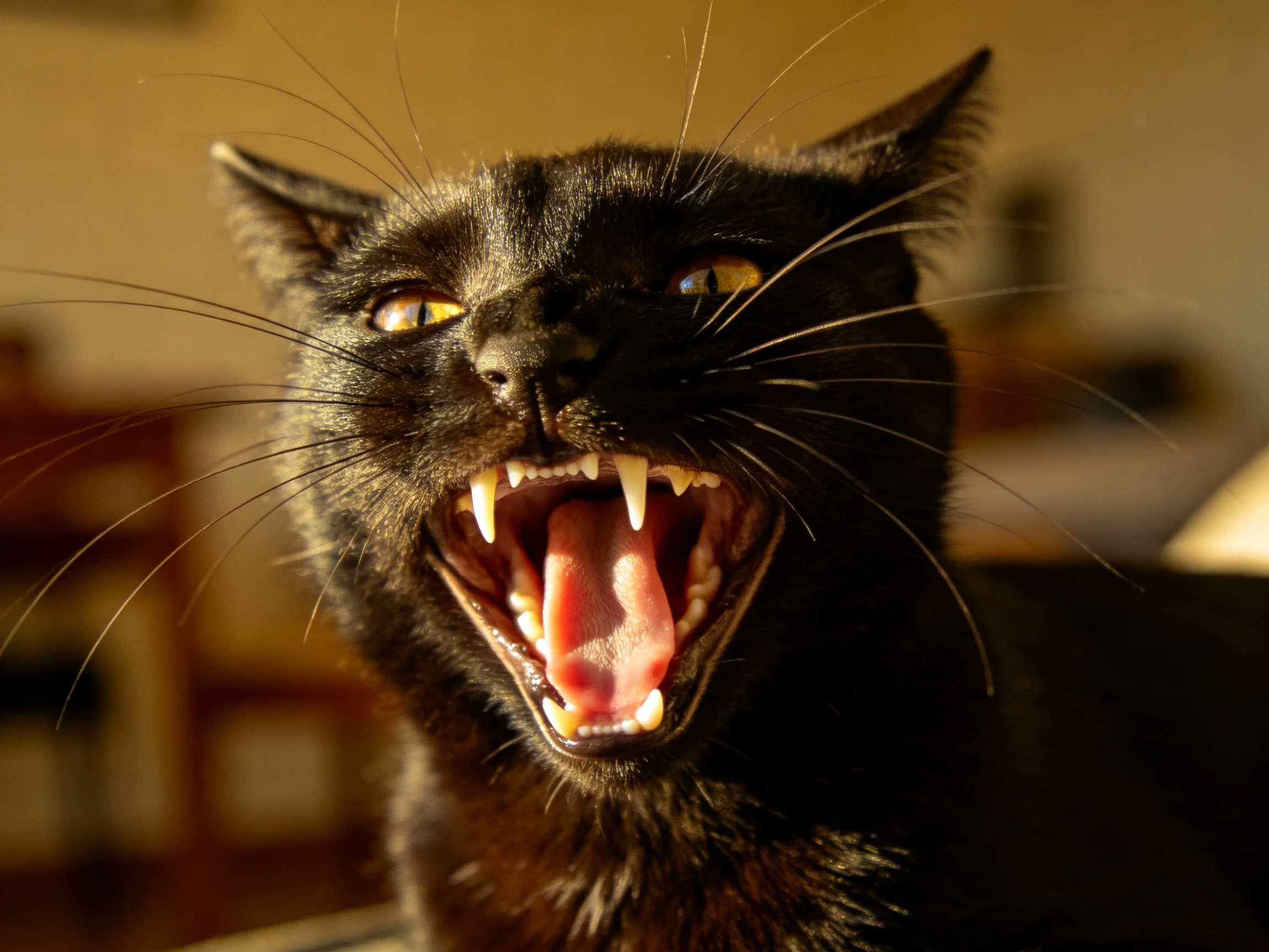 A black cat yawning widely with sharp teeth in a warmly lit room