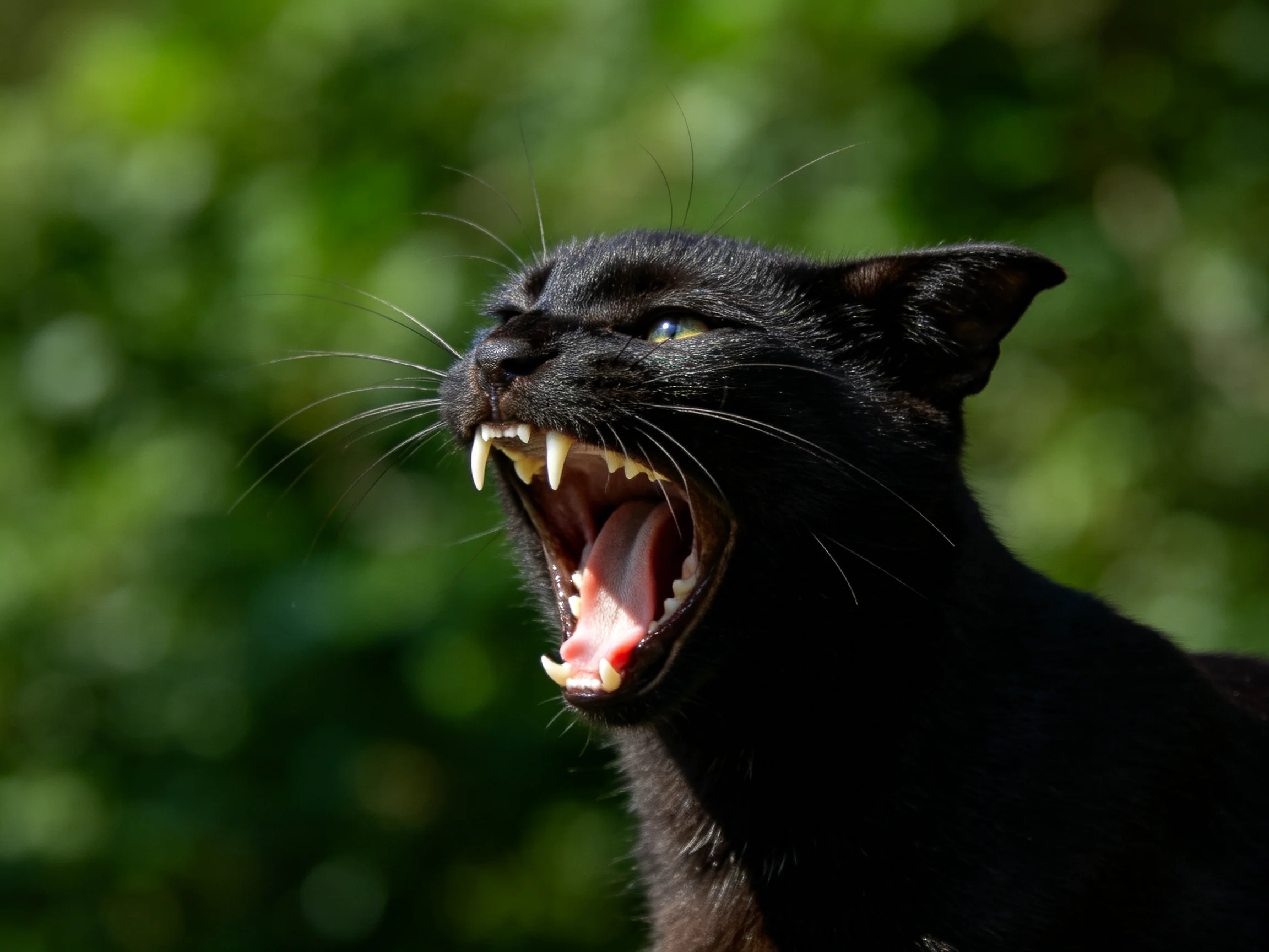 A black cat yawning widely with sharp teeth near green foliage