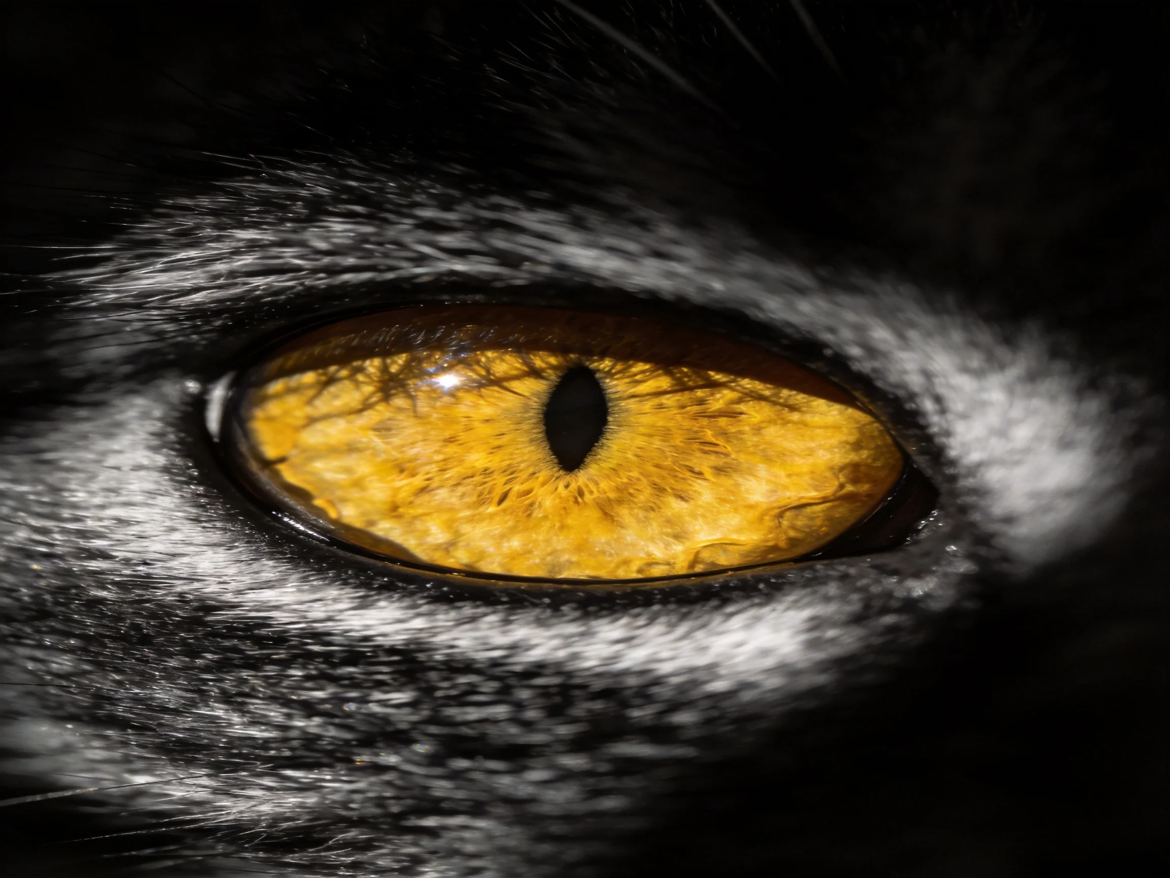 A close - up shows a black cat’s vivid yellow eye against dark fur.