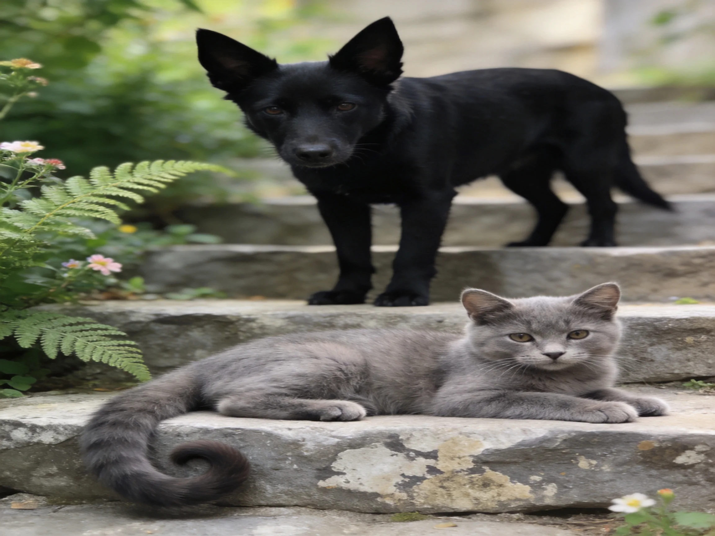 Two pets, a black dog and a gray cat, relax on stone steps outdoors.