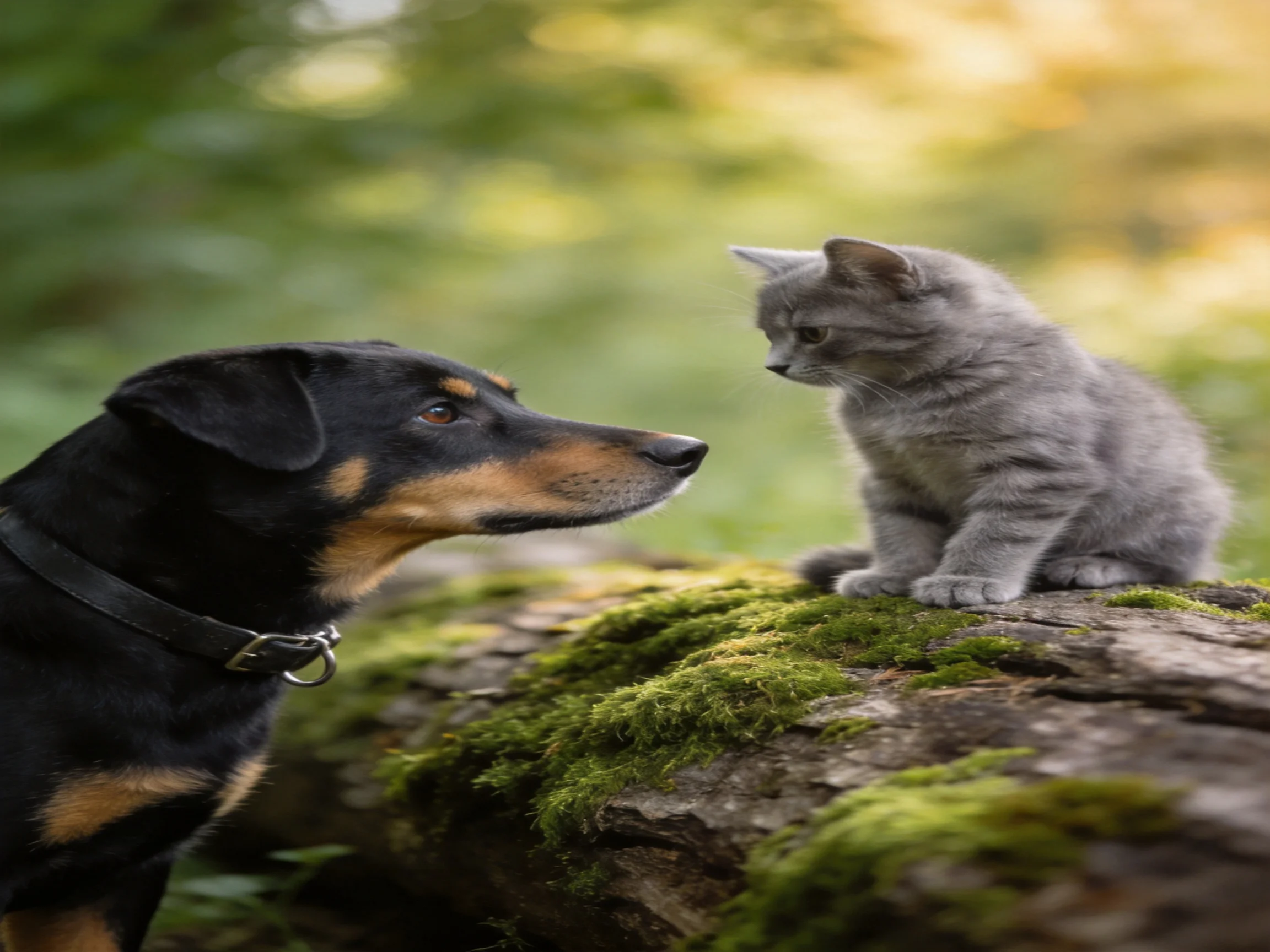 A black dog with tan patches faces a gray kitten on a moss-covered log