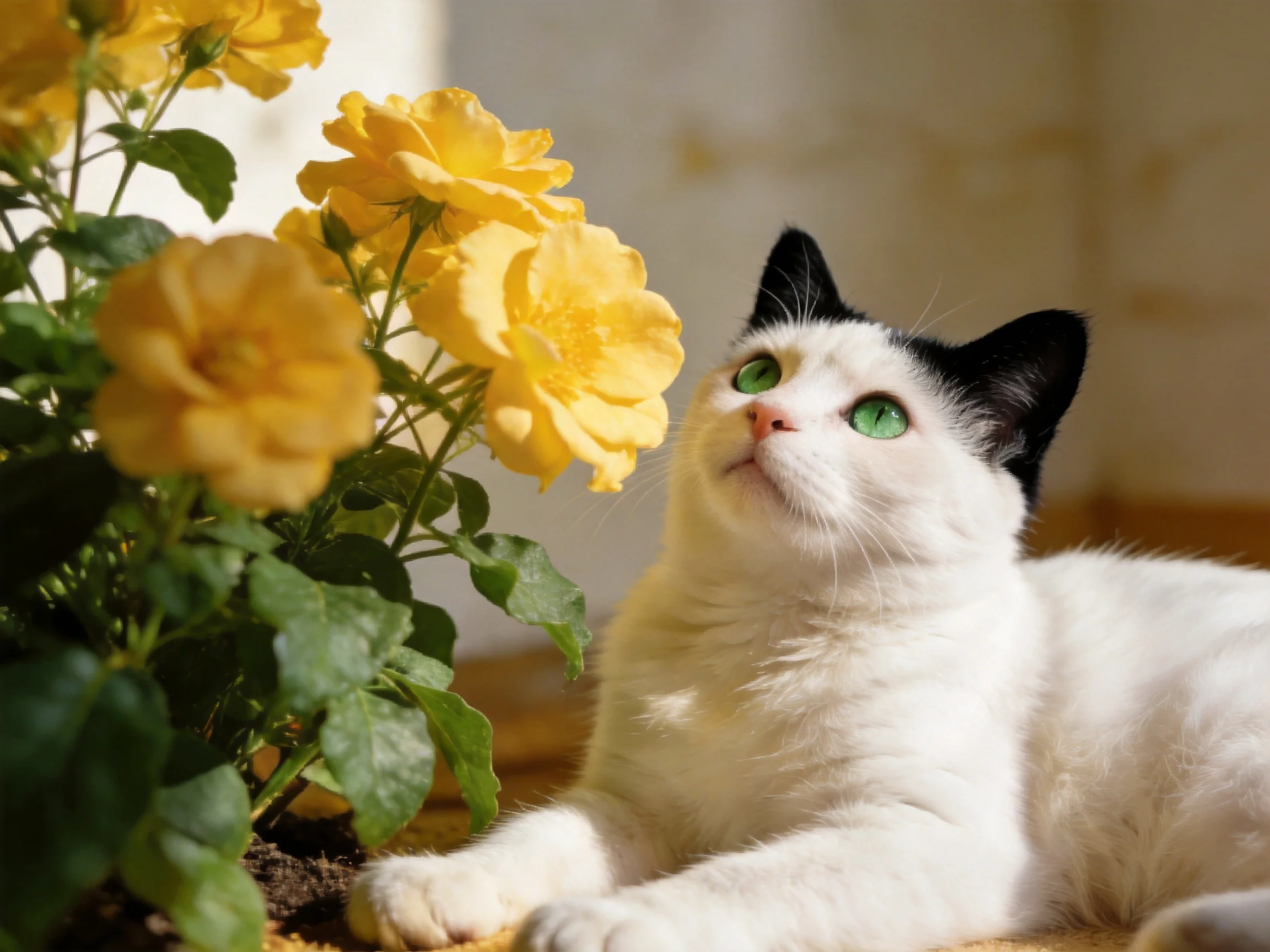 A black-eared white cat rests beside vibrant yellow roses