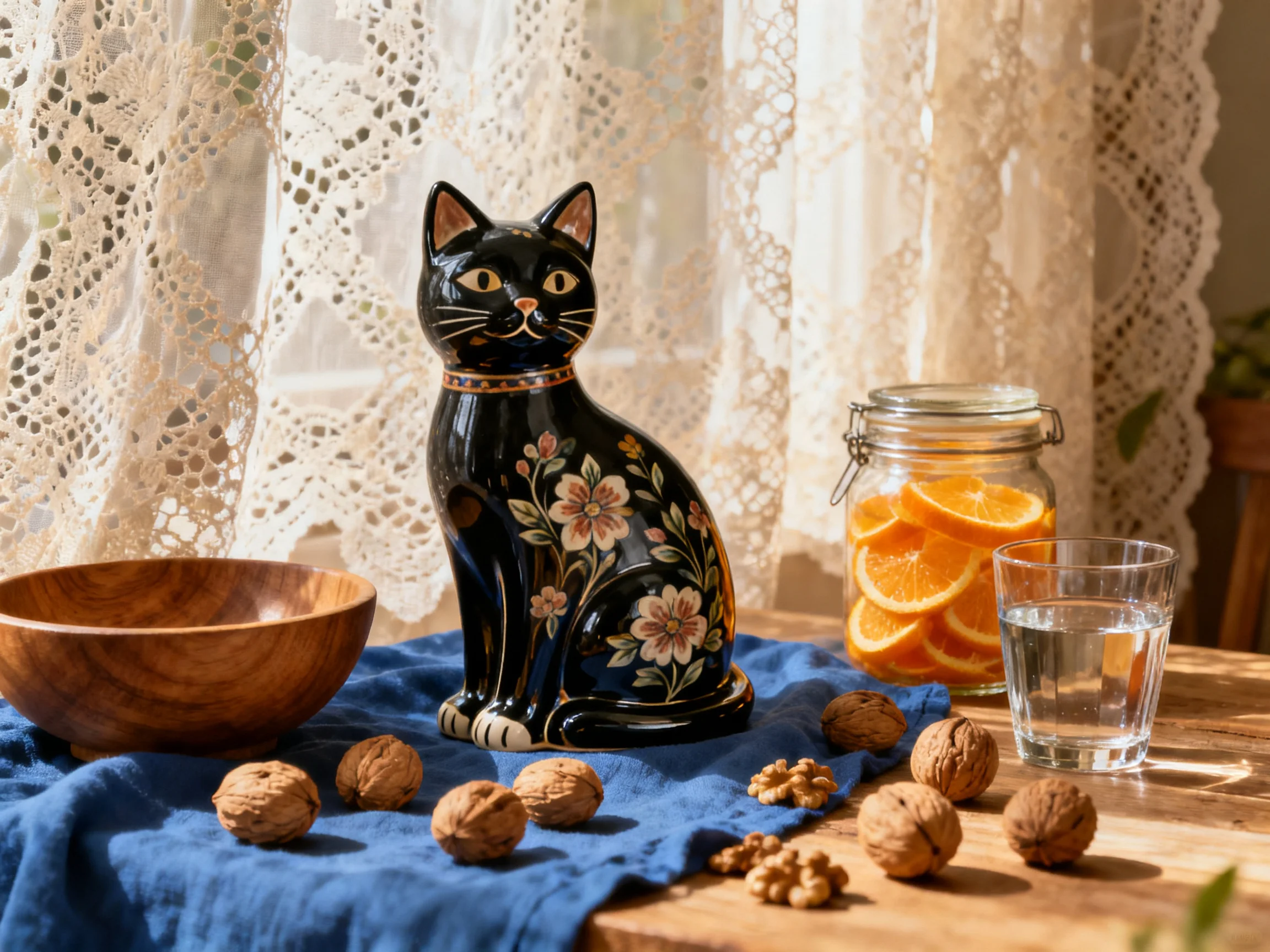 A black floral cat figurine sits amid walnuts, an orange jar, and a wooden bowl