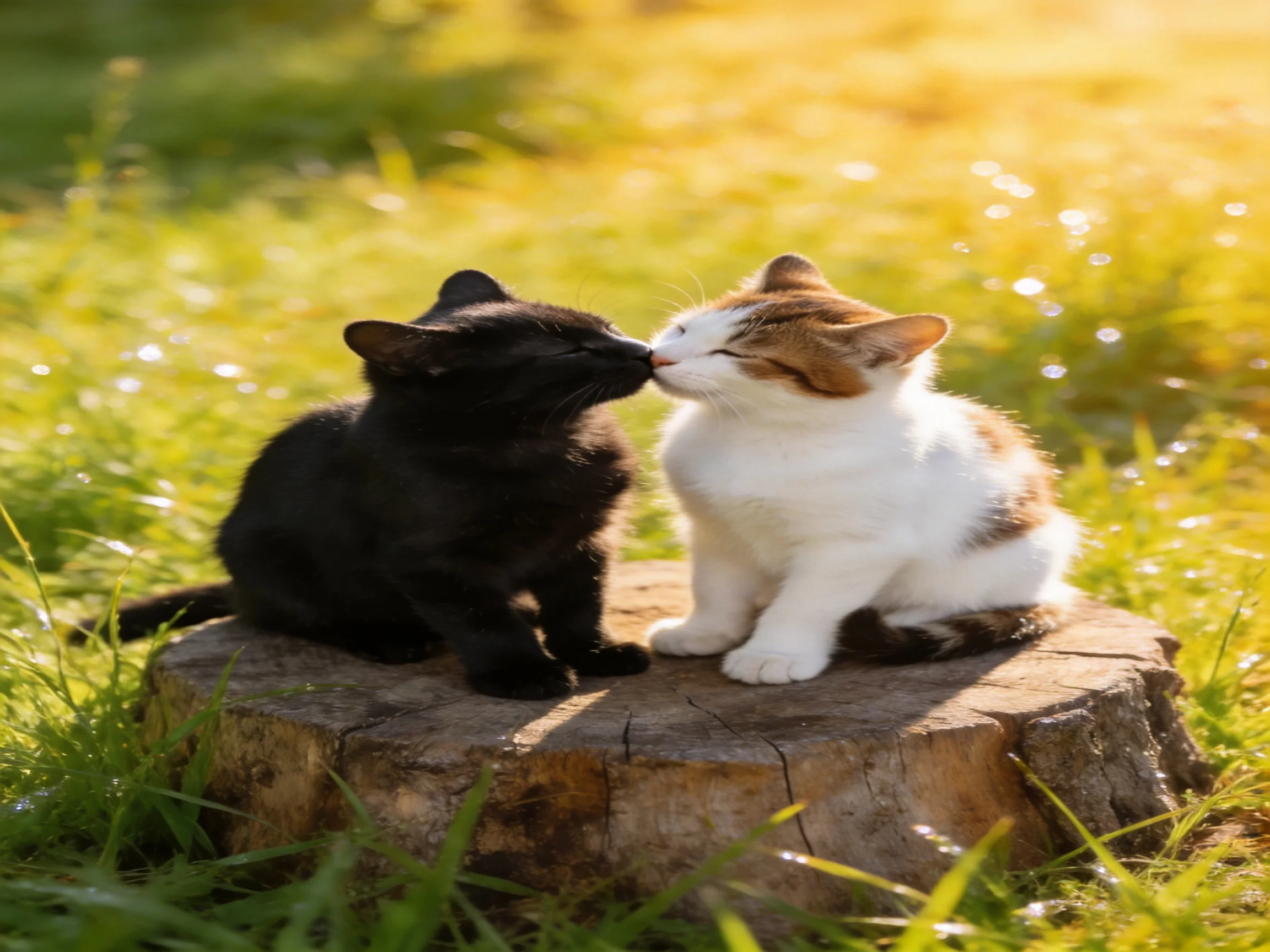 A black kitten and a calico kitten nuzzle on a wooden stump in sunlit grass
