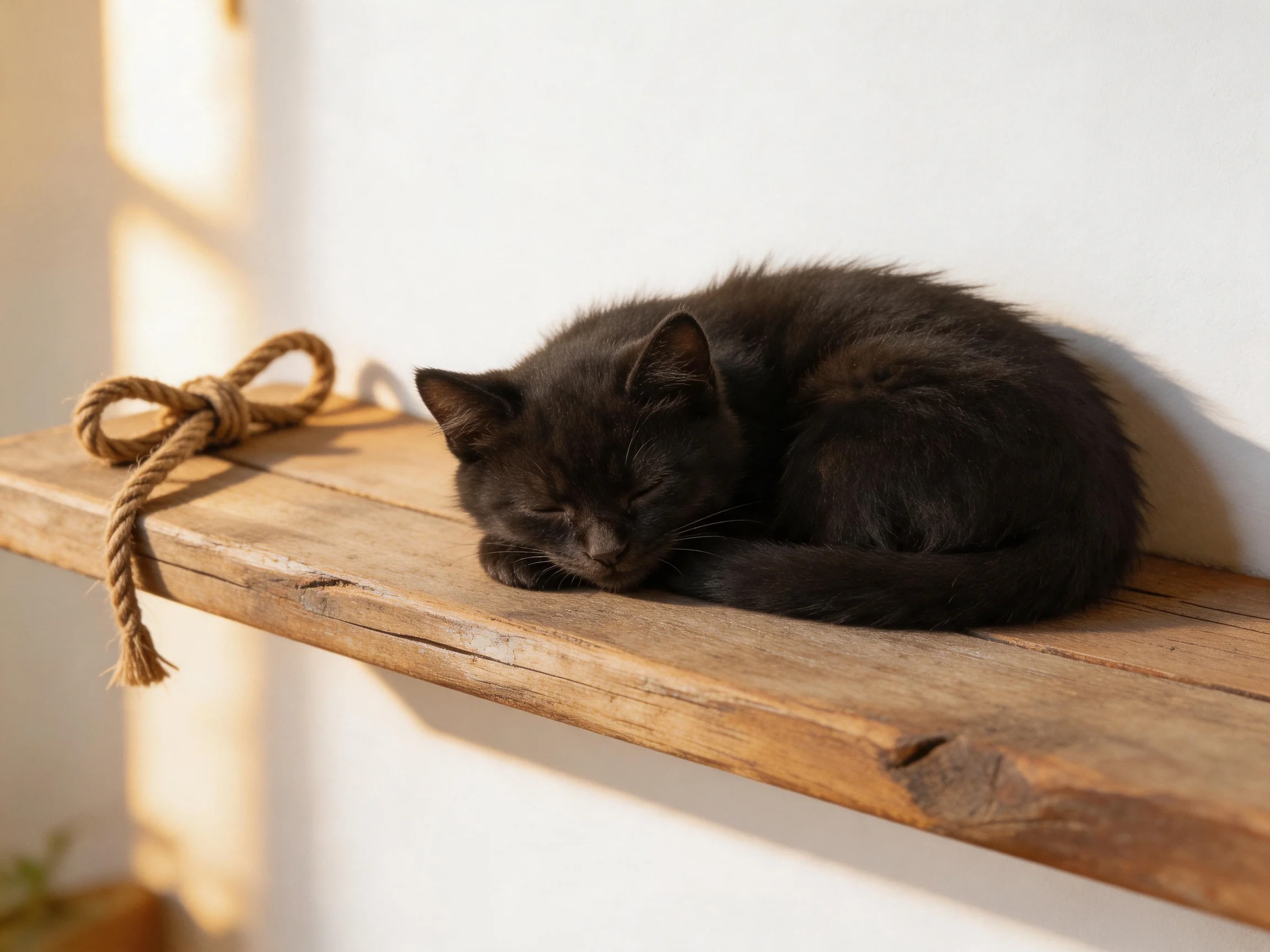 A black kitten rests on a wooden shelf near a rope.