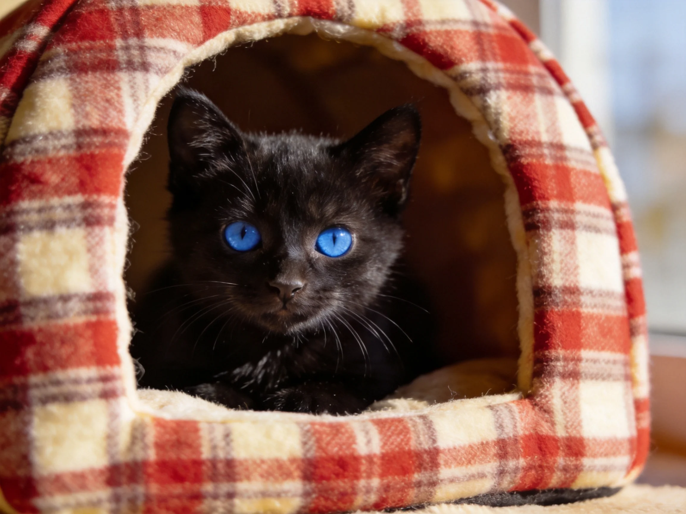 A black kitten with bright blue eyes rests in a cozy red and beige plaid pet bed.