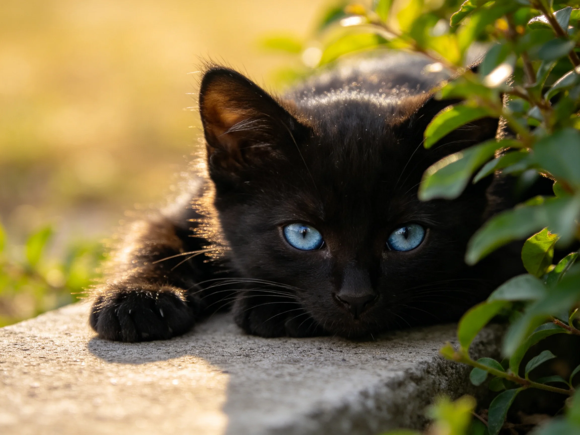 A black kitten with blue eyes lies near greenery on a stone ledge.