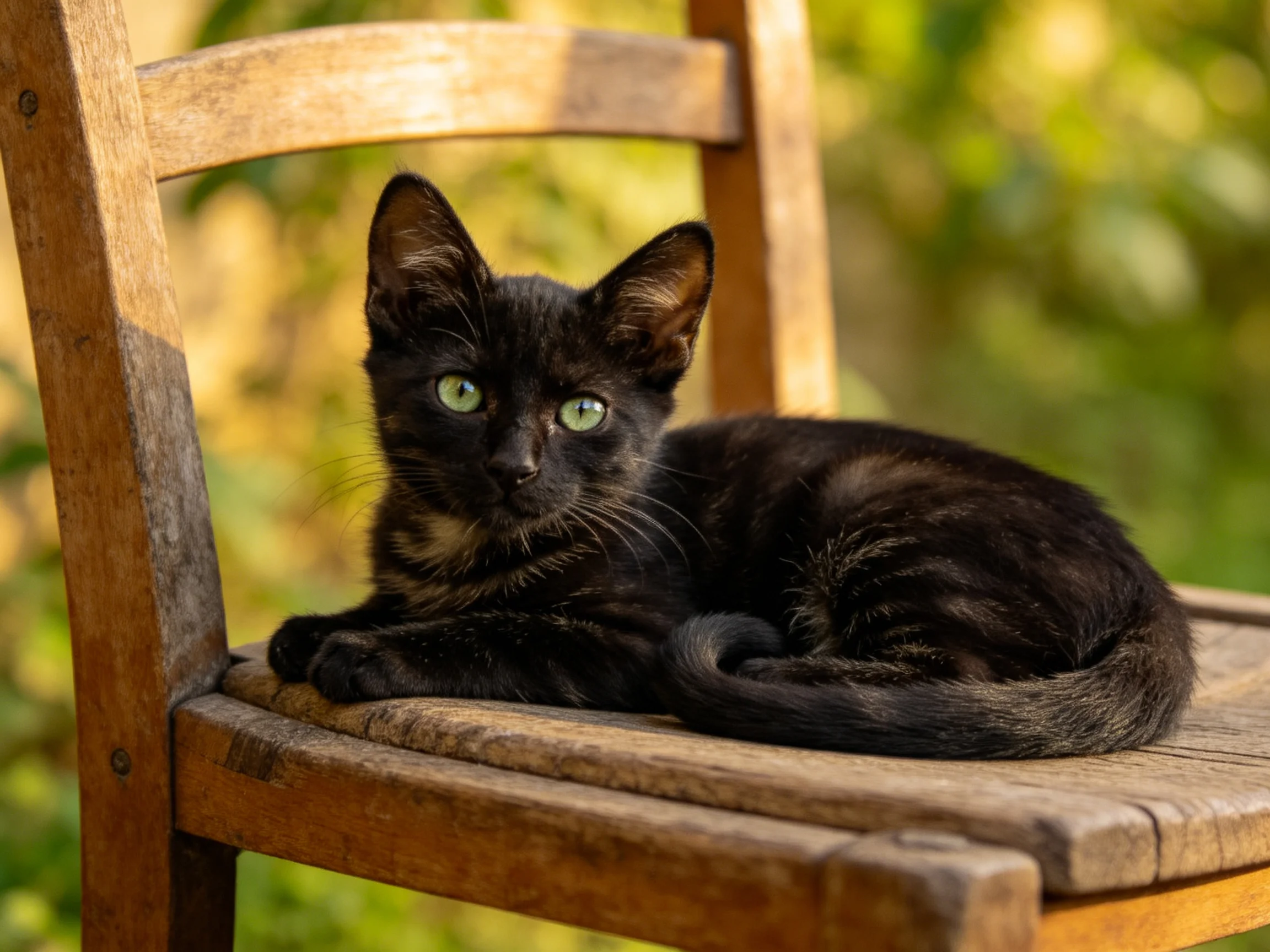 A black kitten with green eyes relaxes on a wooden chair in a sunlit outdoor setting