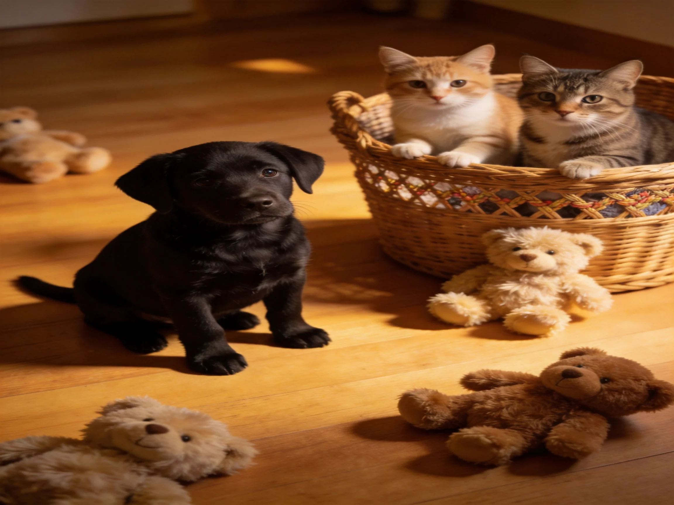 A black puppy and two cats rest among stuffed toys on a wooden floor.