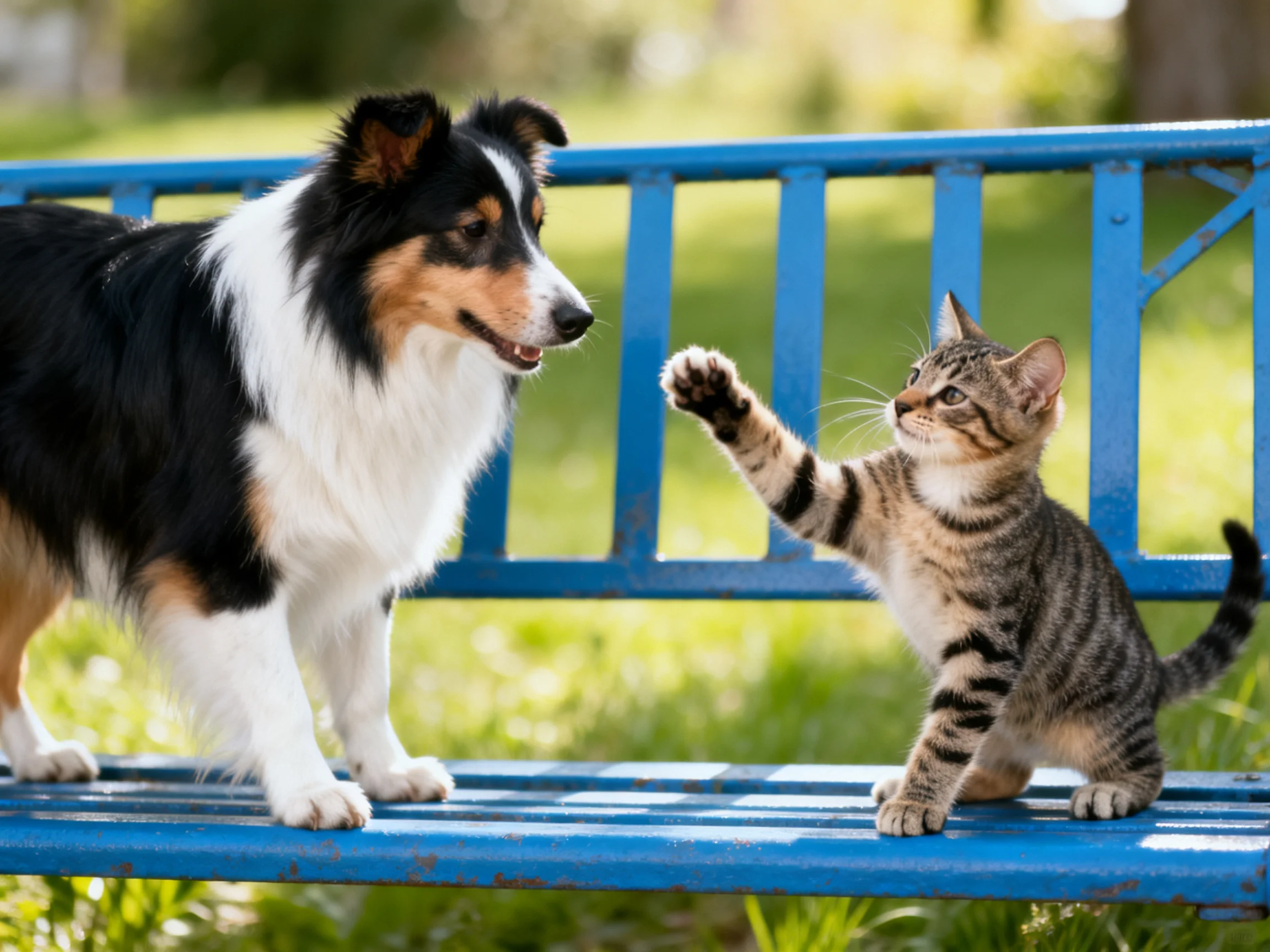 A dog and a cat interact peacefully on a blue bench.