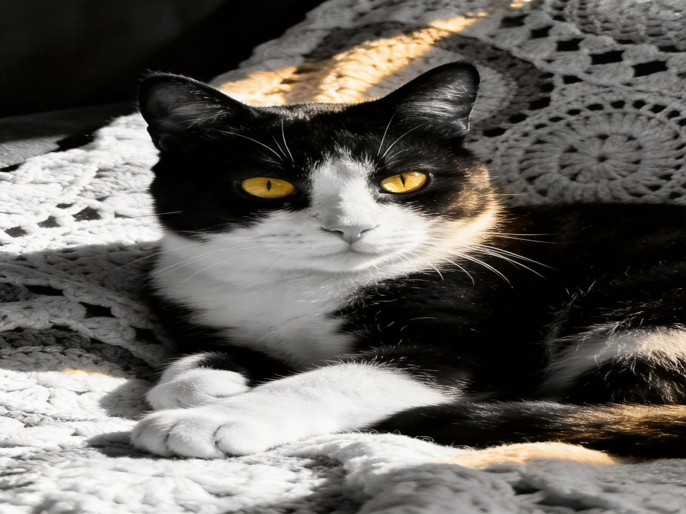 A black, white, and tan cat rests on a crocheted blanket in sunlight.