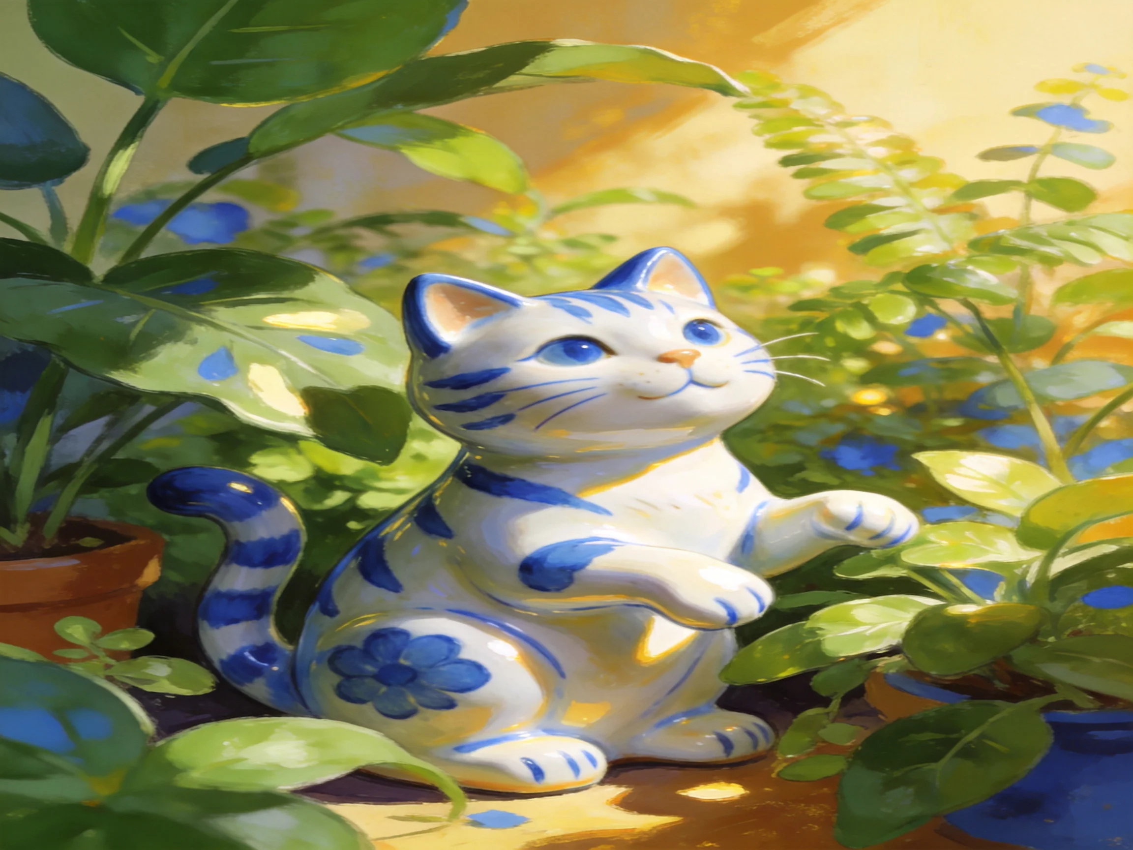 A blue - and - white ceramic cat figurine among lush green potted plants
