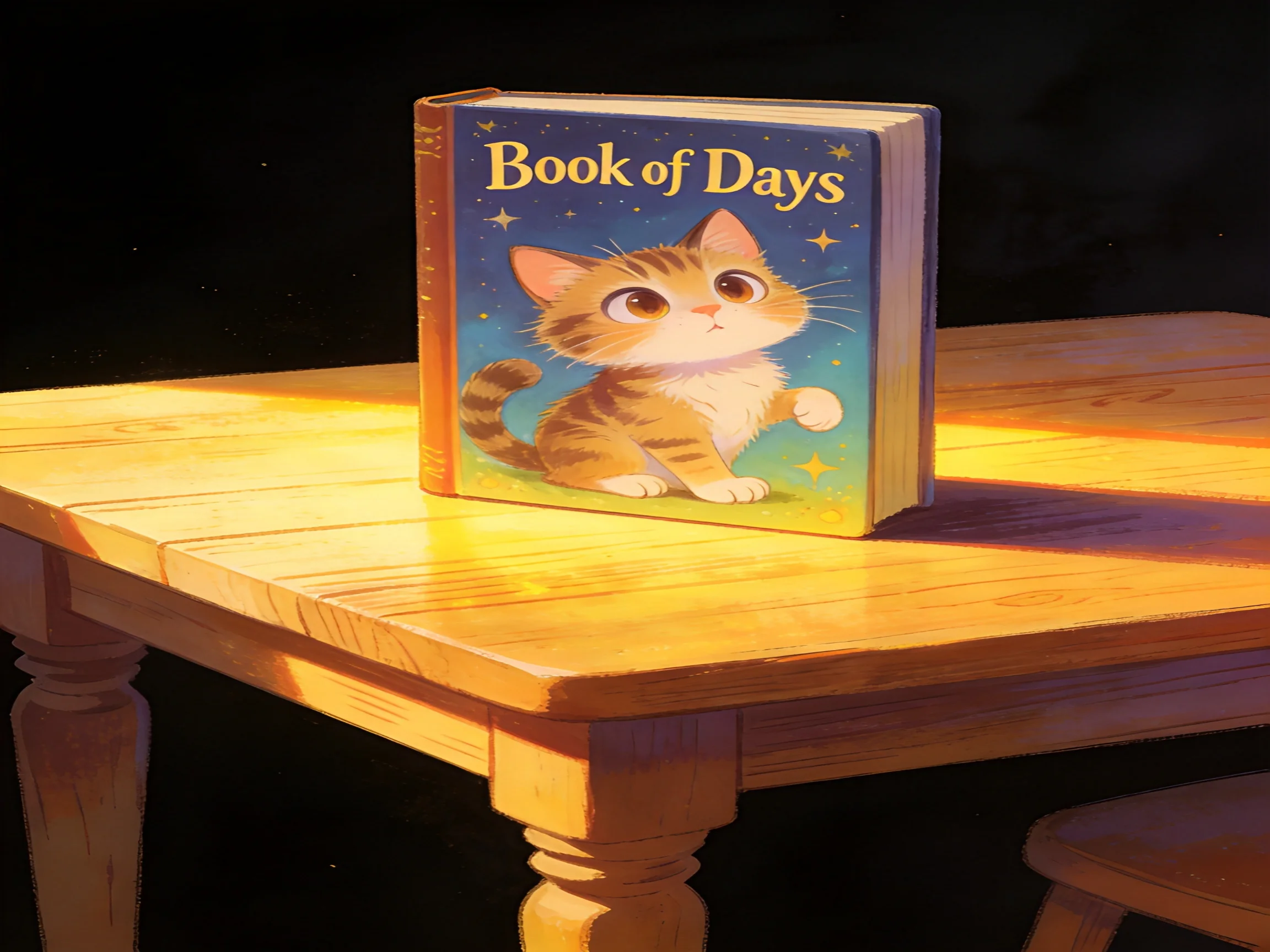 A book with a kitten illustration is placed on a wooden table.