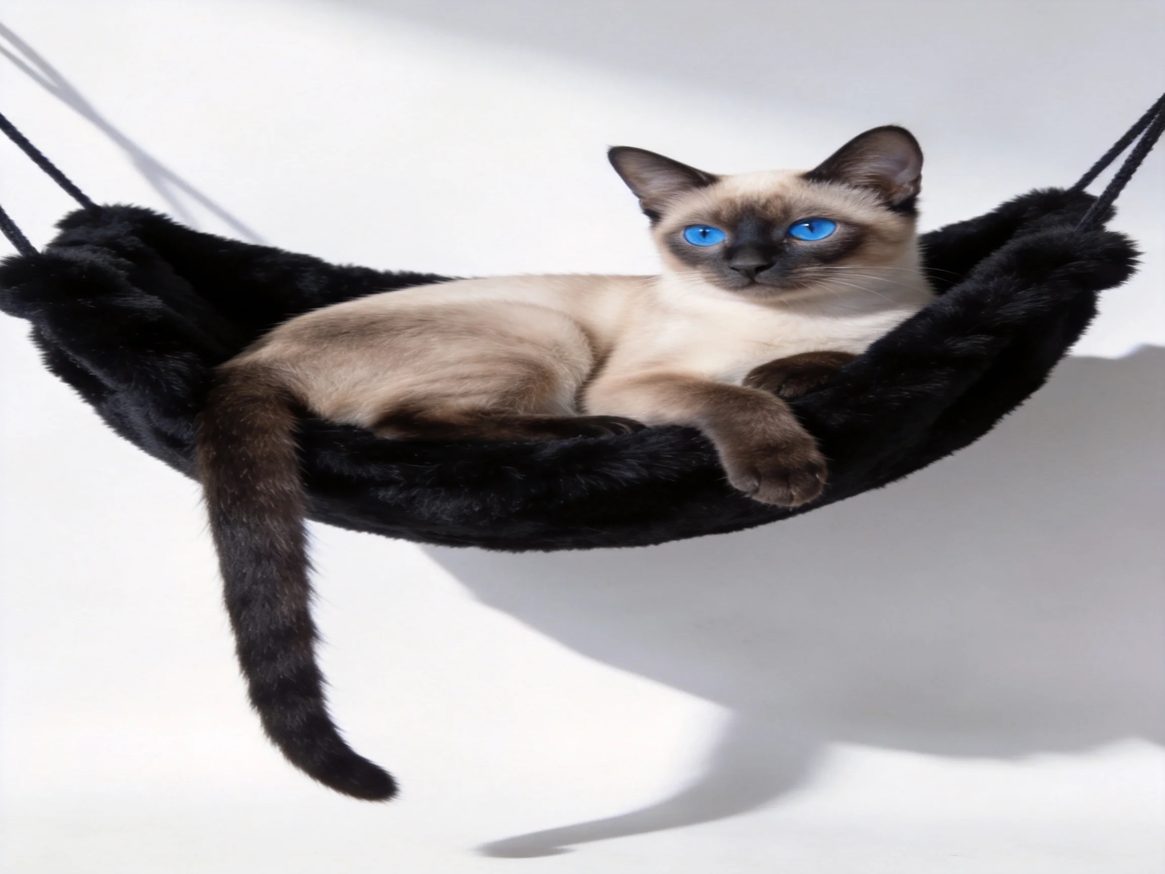 A blue-eyed Siamese cat resting in a plush black hammock