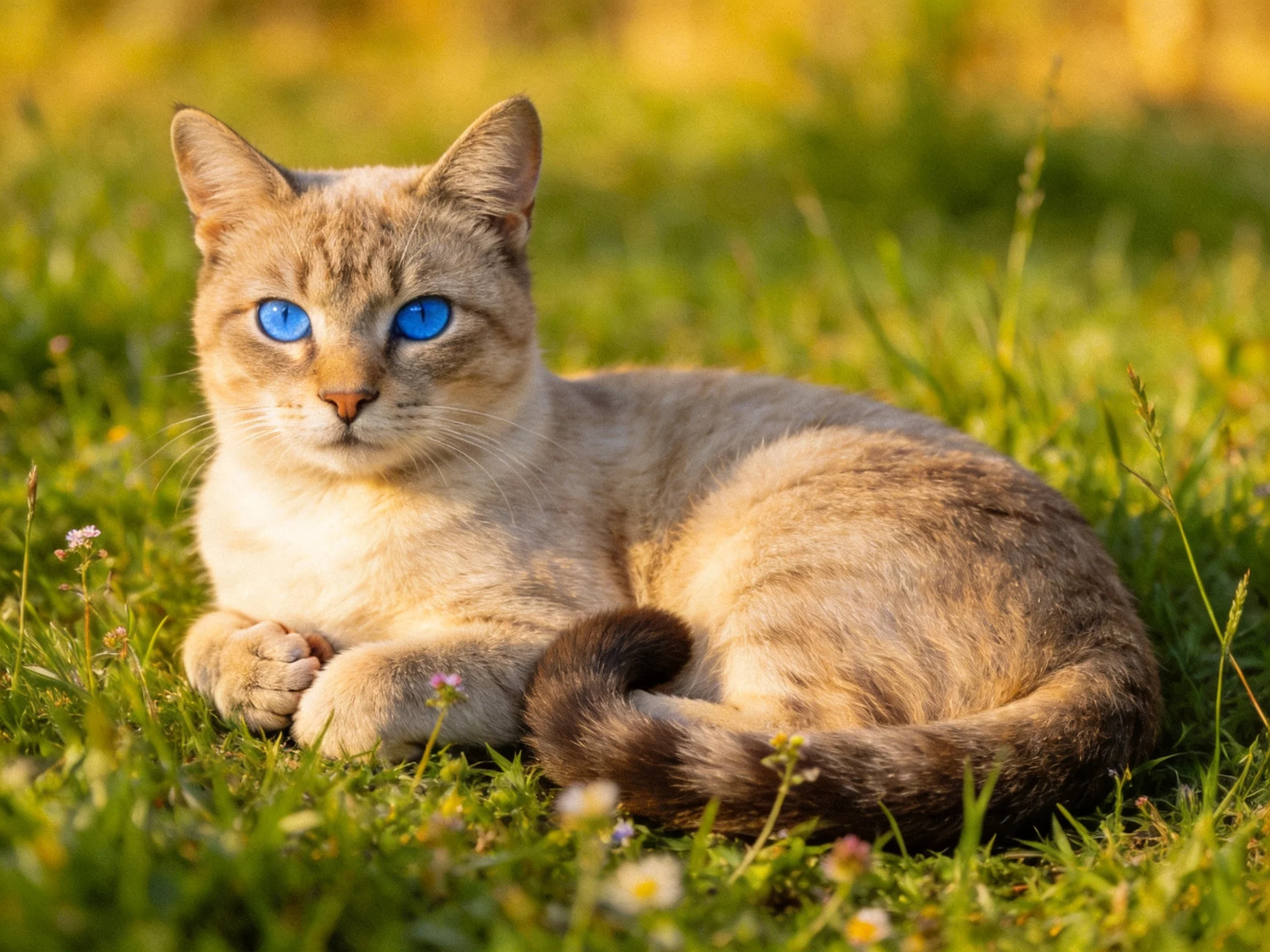 A blue-eyed cat rests on sun-drenched green grass