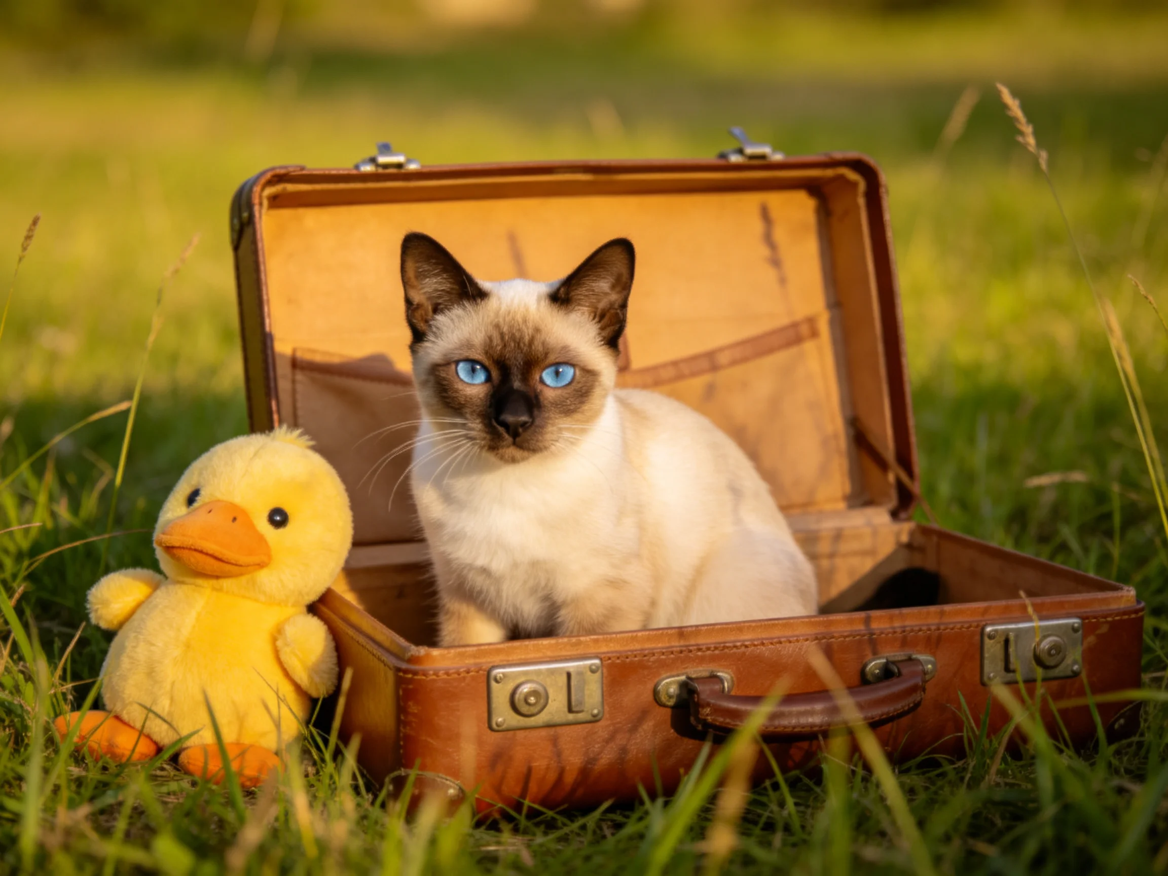 A blue-eyed cat sits in a brown vintage suitcase beside a yellow plush duck