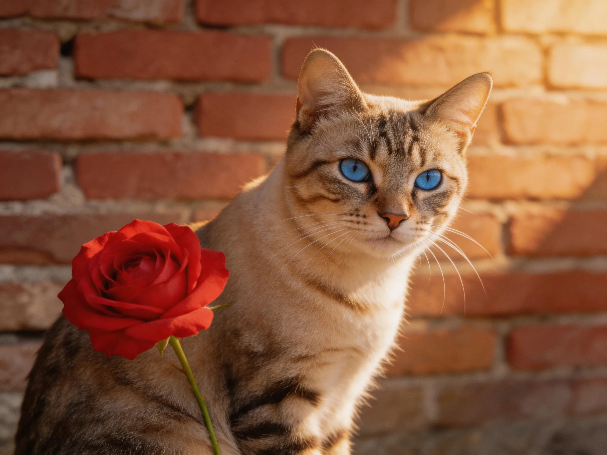 A blue-eyed cat with a vibrant red rose beside a weathered brick wall