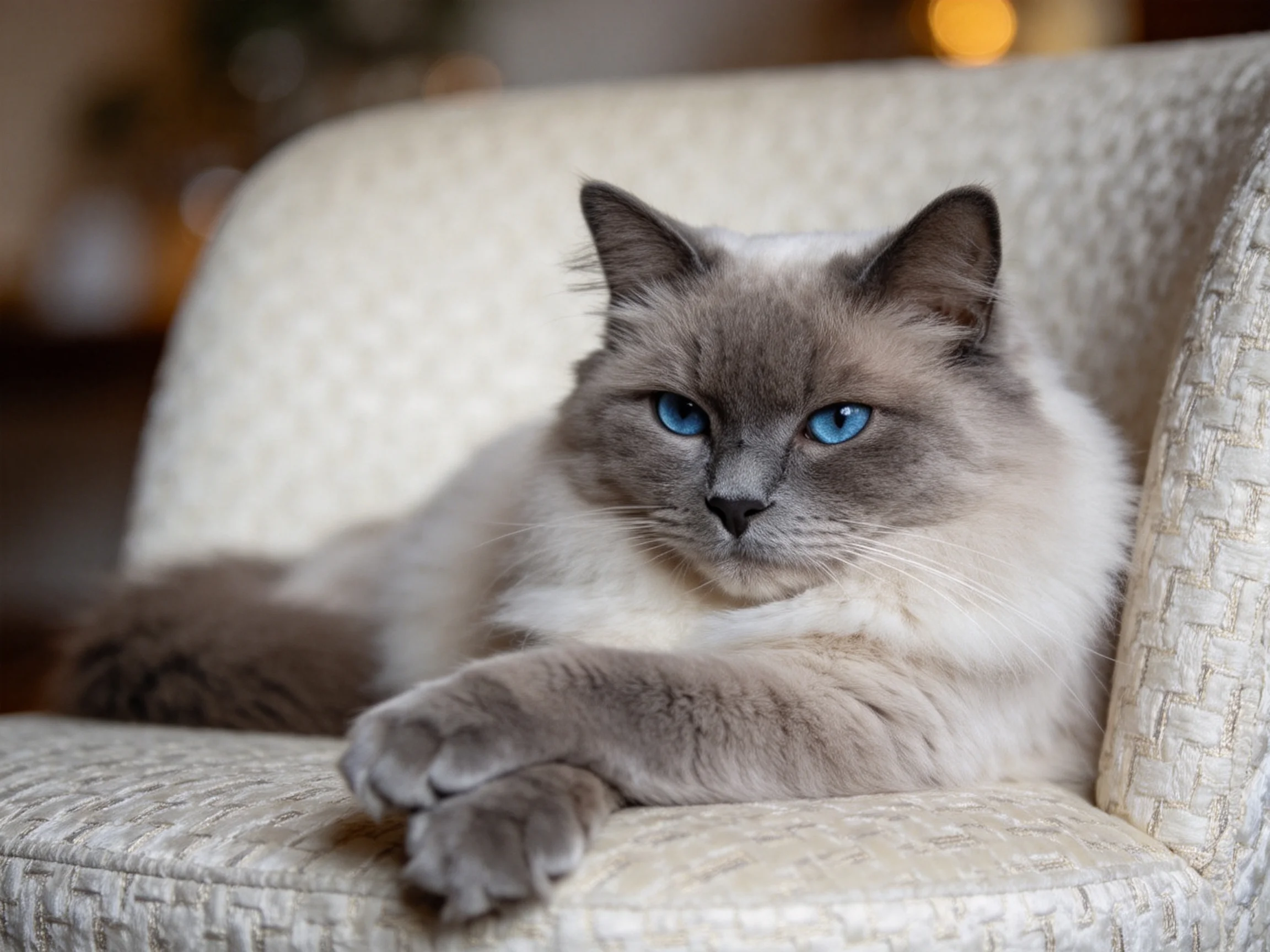 A blue-eyed cat with gray and white fur resting on a textured armchair
