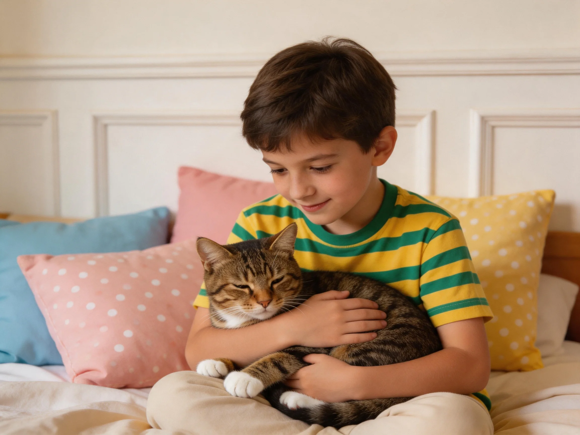 A boy in a green-yellow striped shirt holds a tabby cat near colorful pillows