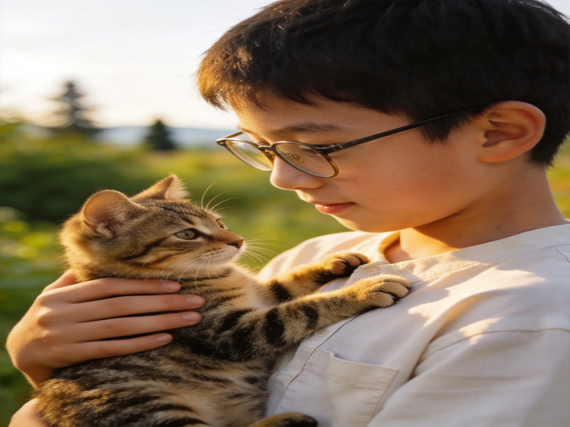 A boy in a white shirt holds a tabby kitten in a sunlit field