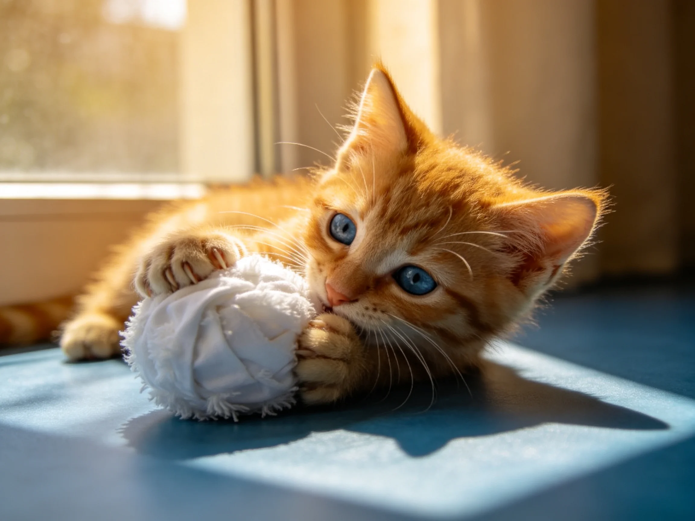 An orange kitten plays with a white toy near a sunlit window.